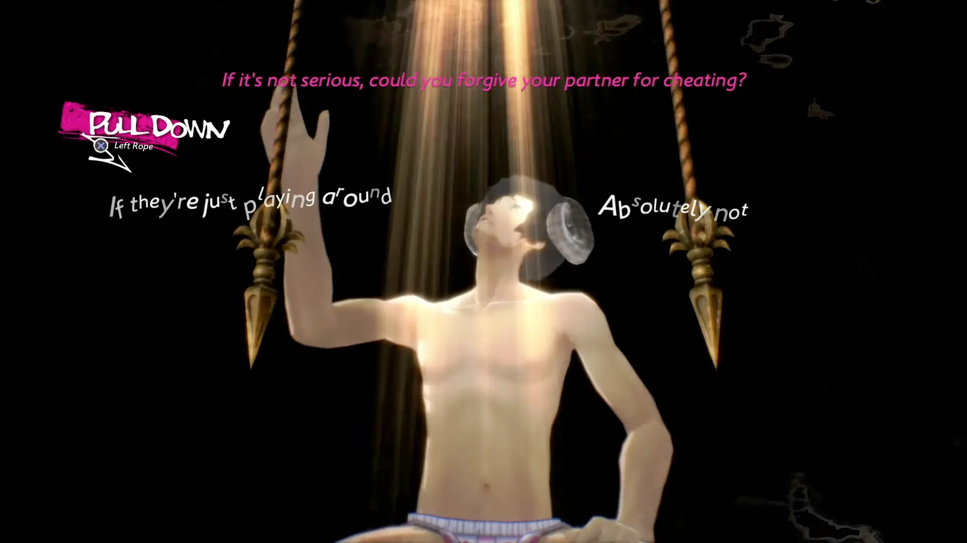 Vincent inside the confessional elevator, answering a provocative question about his preferences in a partner.