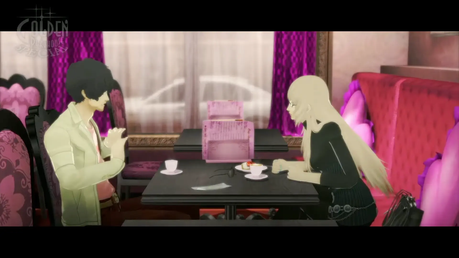 A tense cutscene between Vincent and Katherine (with a K) in a coffee shop, the lighting harsh and realistic.