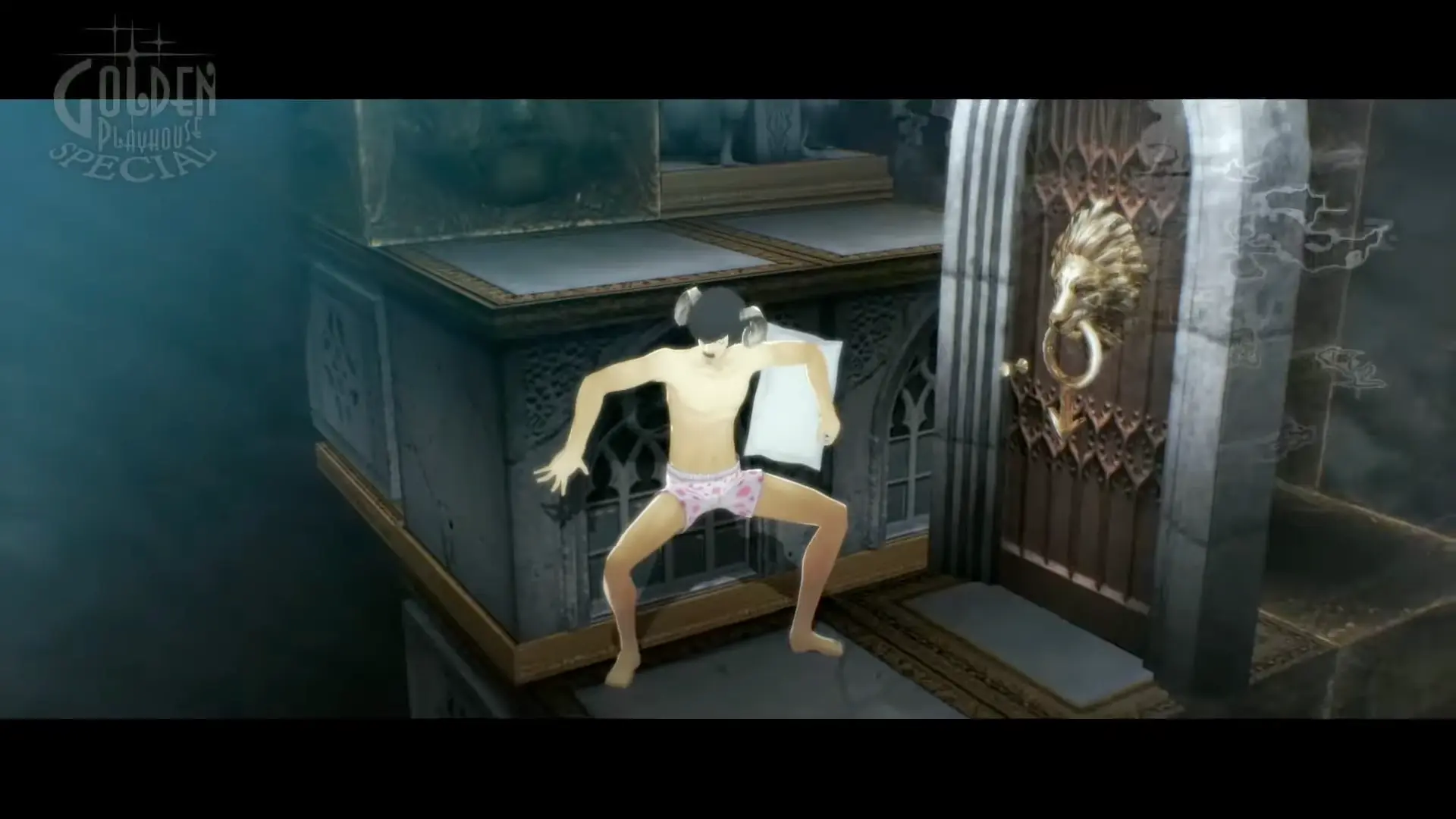 Vincent in his boxers, clutching a pillow, standing at the base of a massive, crumbling stone tower in the Nightmare realm.