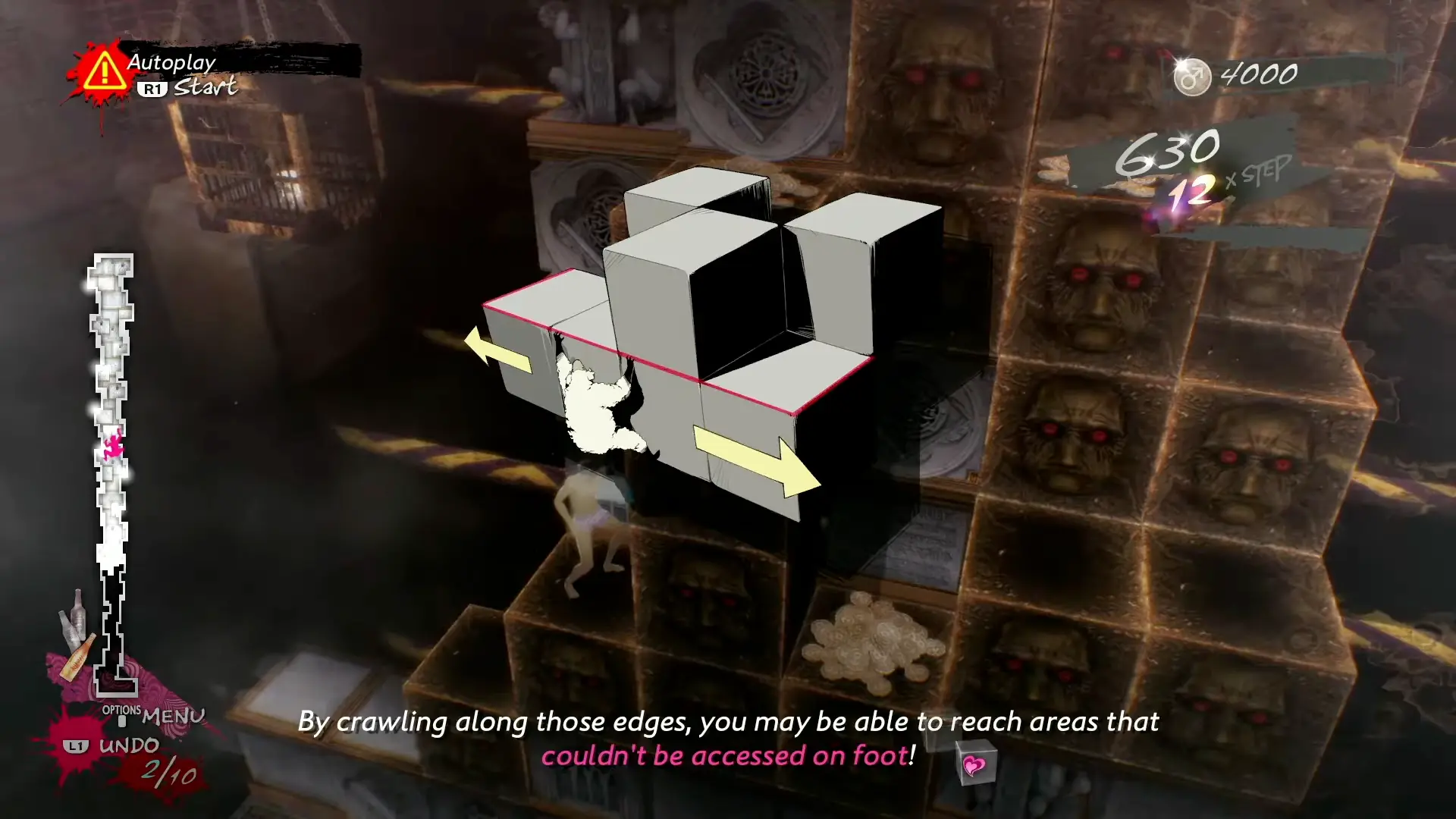 A complex arrangement of blocks showing Vincent using the 'Spider' technique to hang off a ledge while a boss looms below.