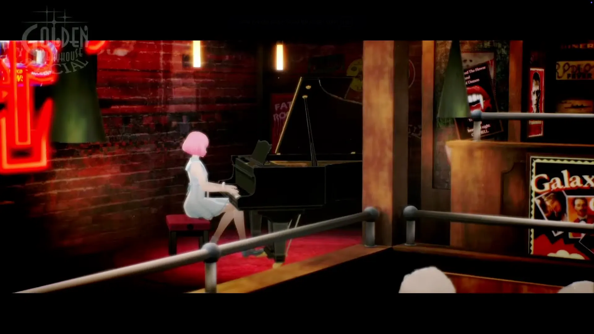 Rin playing the piano in the corner of the Stray Sheep, a soothing pink light surrounding the instrument.