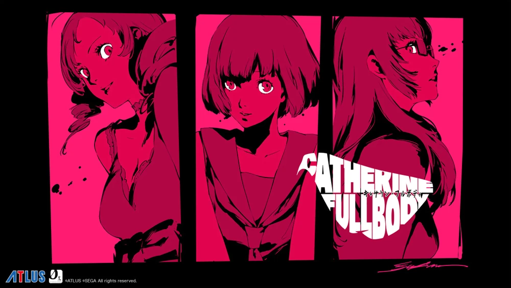 The three love interests—Katherine, Catherine, and Rin—framed against the golden logo of the game.