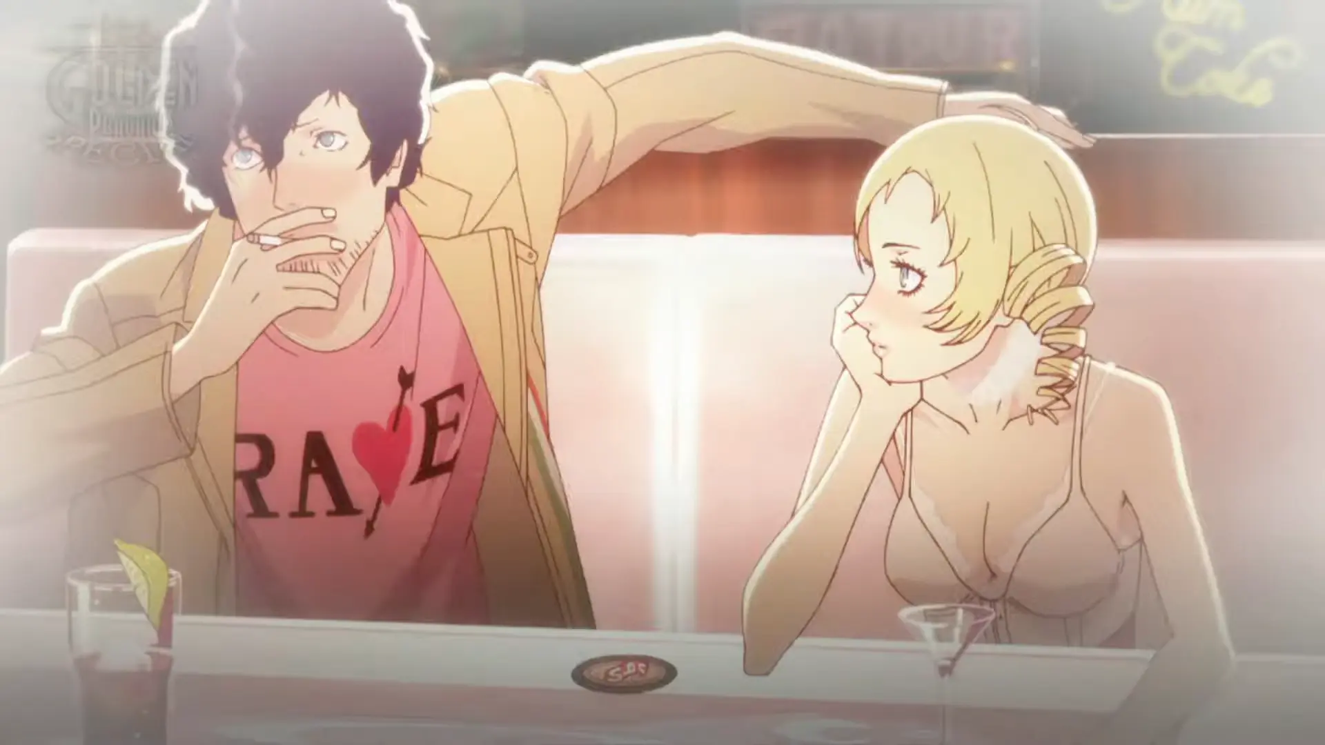 A stylized shot of Catherine (with a C) leaning over a table, the cel-shading highlighting the expressive character design.