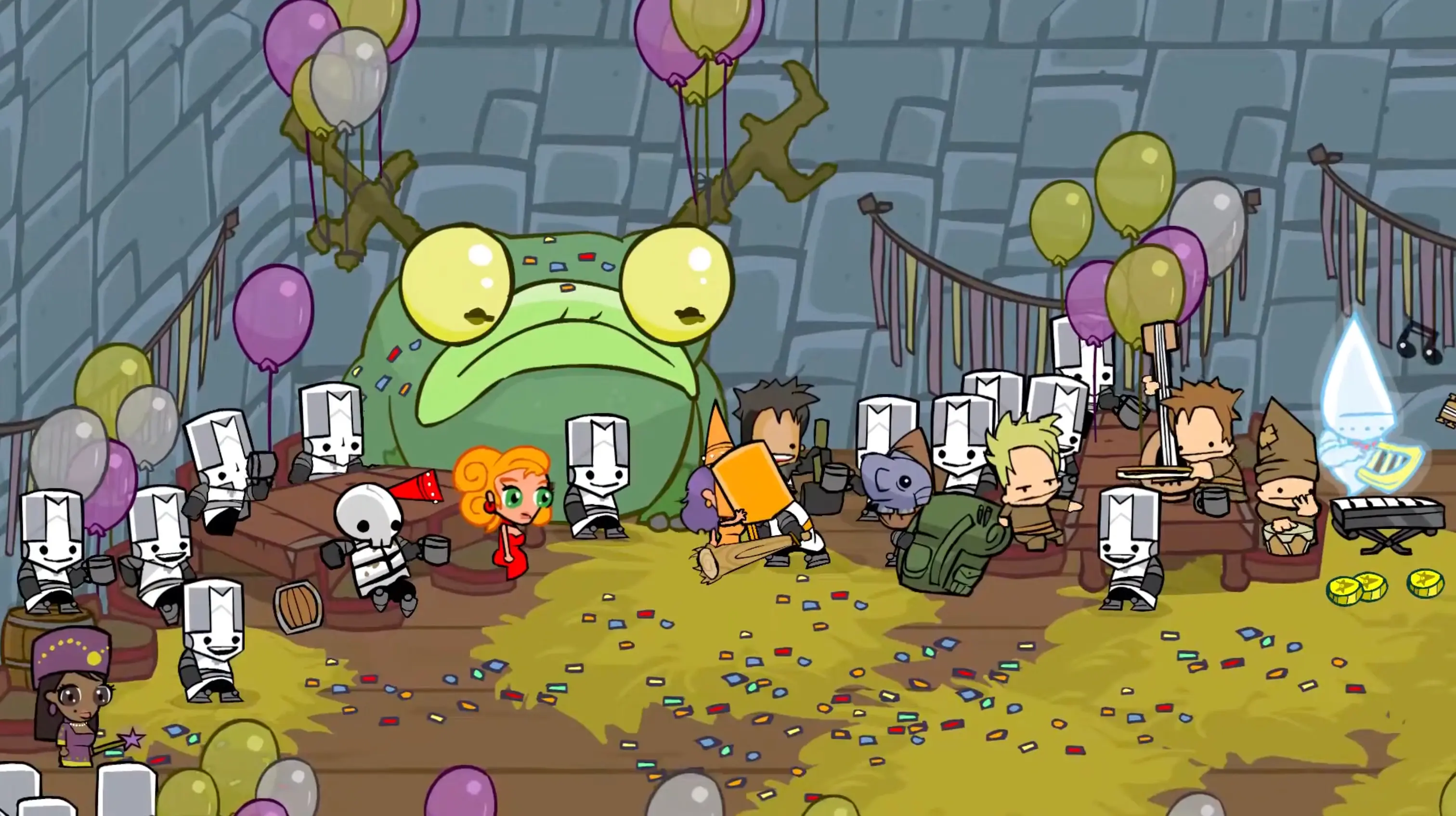 The chaotic aftermath of a boss fight, where the cooperative knights violently turn on each other in a deathmatch for the princess's kiss.