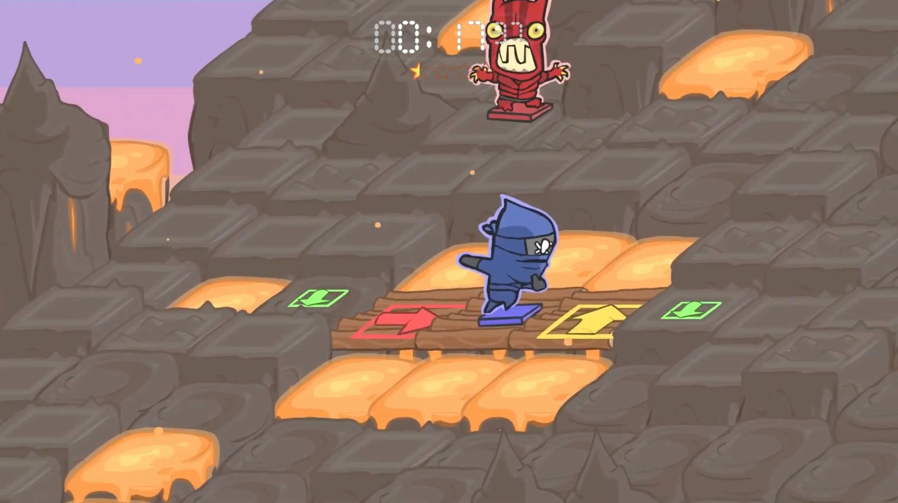 The frantic, grid-based layout of the 'Back Off Barbarian' minigame, with the player's character desperately dodging incoming enemies.