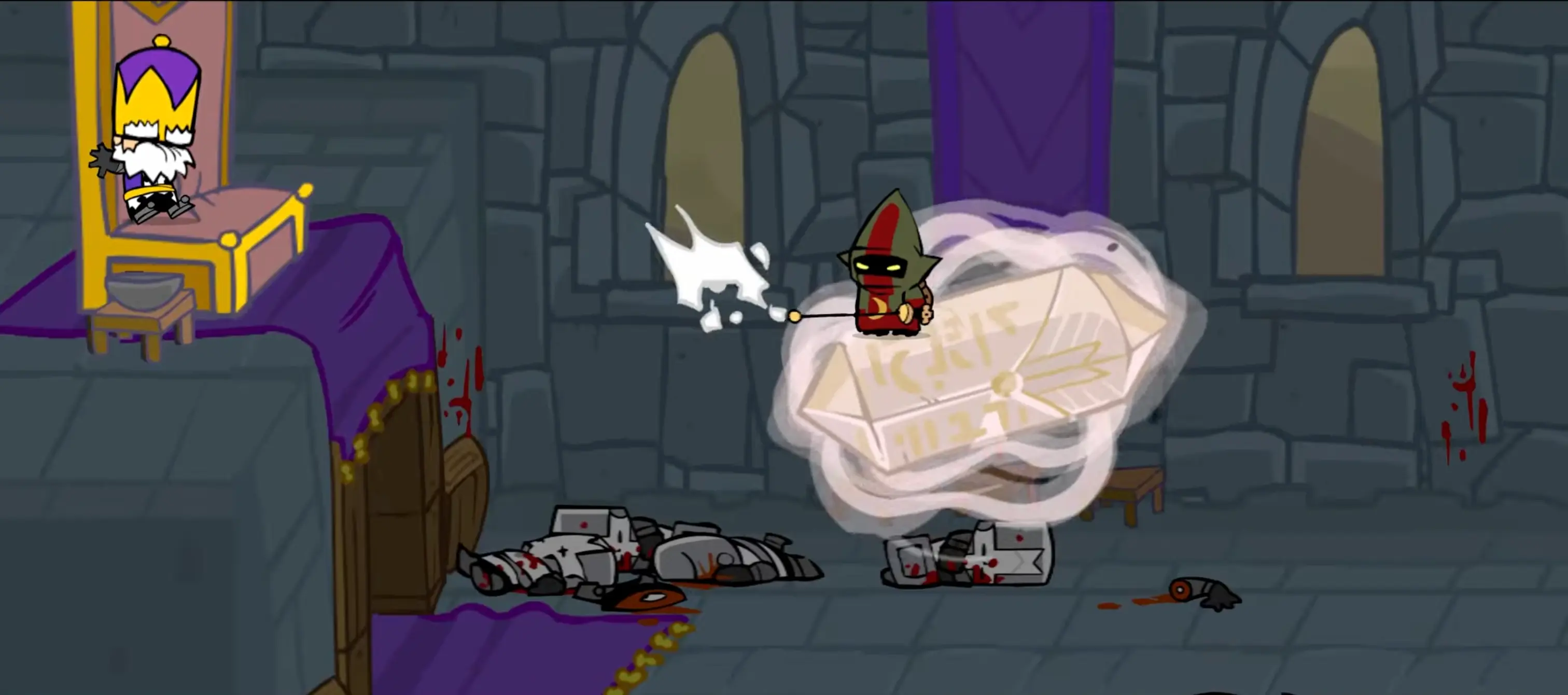The evil wizard dramatically crashing the castle party and stealing the massive floating crystal, starting the chaotic adventure.