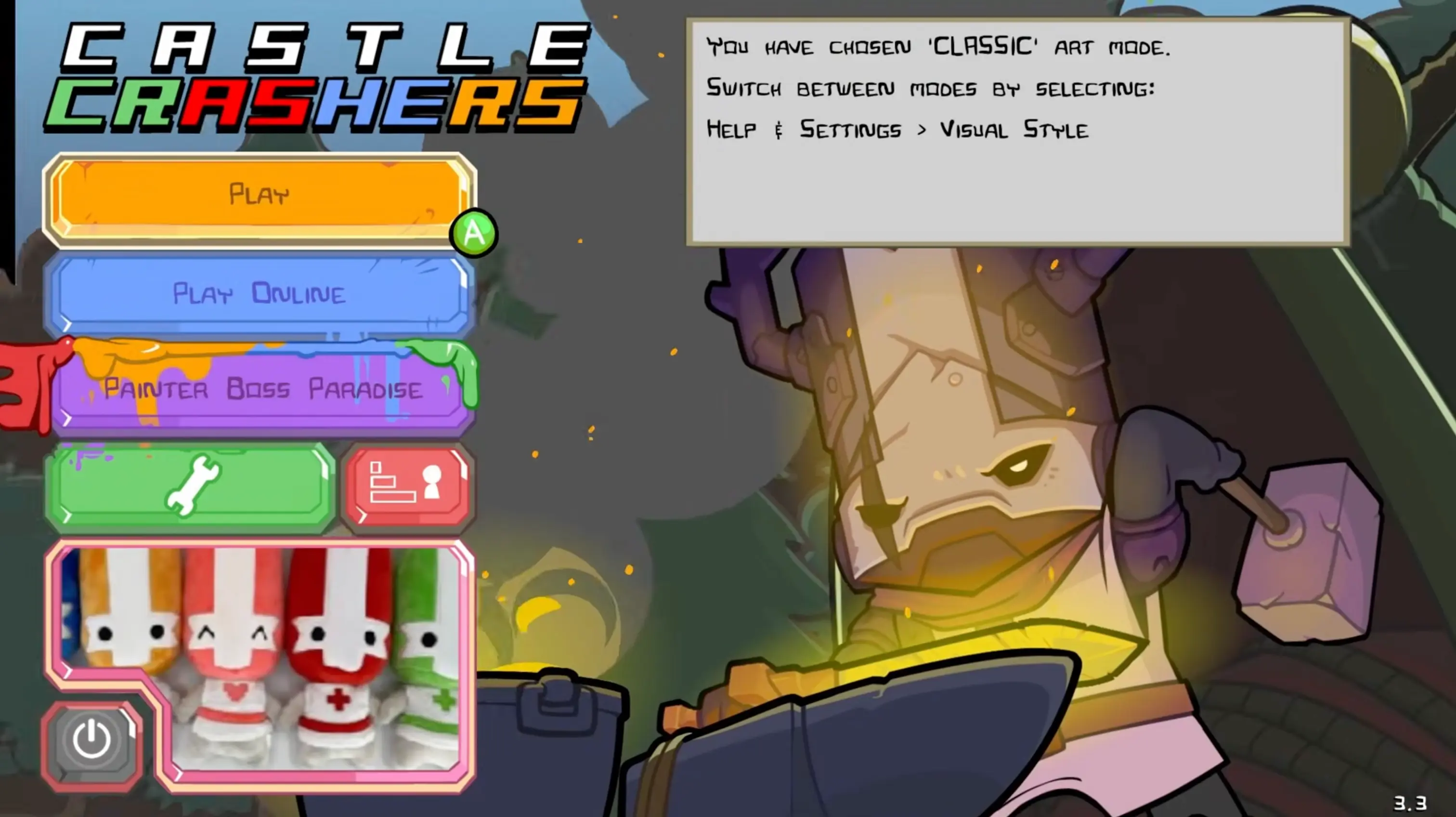 The official main menu of Castle Crashers Remastered, featuring the crisp, high-definition logo and the four knights standing proudly on the hill.