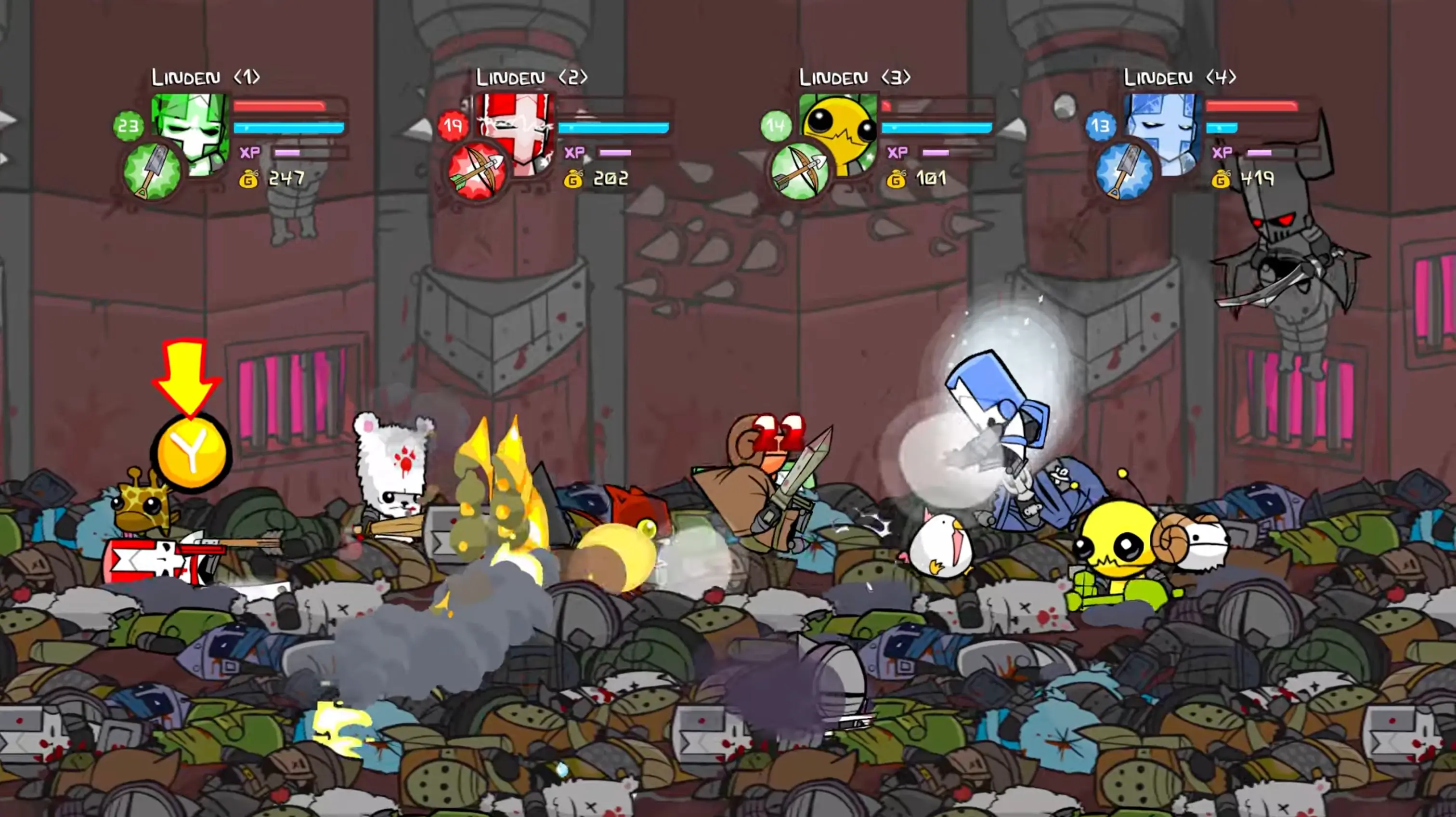 The dark, atmospheric throne room of the Necromancer, surrounded by revived skeleton warriors in a crisp, high-definition showdown.