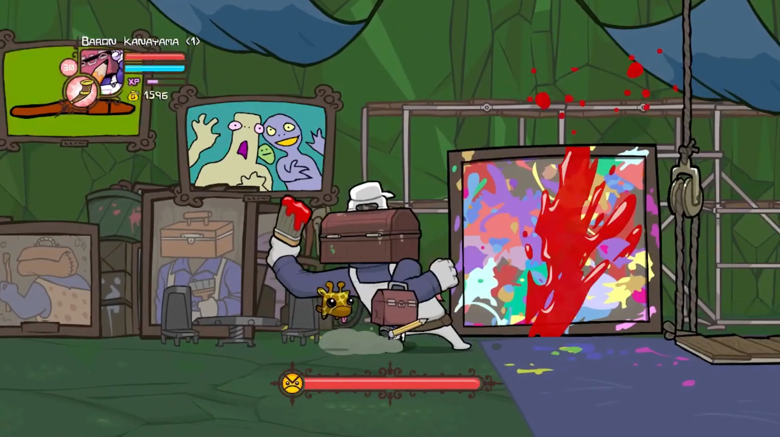 The flamboyant Painter boss aggressively painting pastel-colored elephants and monstrosities that leap off the canvas to attack the players.