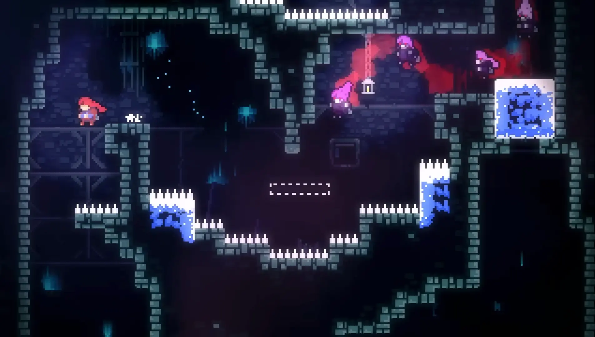 A terrifying chase sequence where Badeline, surrounded by purple dark energy, pursues Madeline up a vertical shaft.