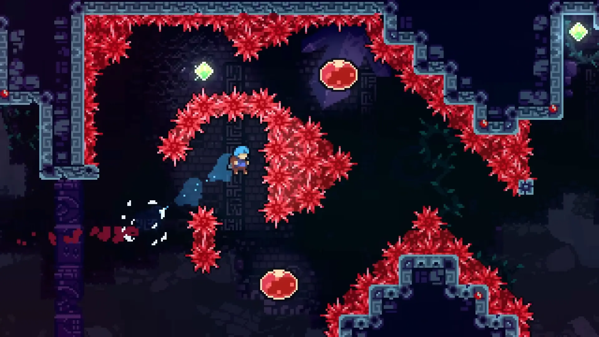 A chaotic C-Side room filled almost entirely with pink crystal spikes and tight gaps that require frame-perfect inputs.
