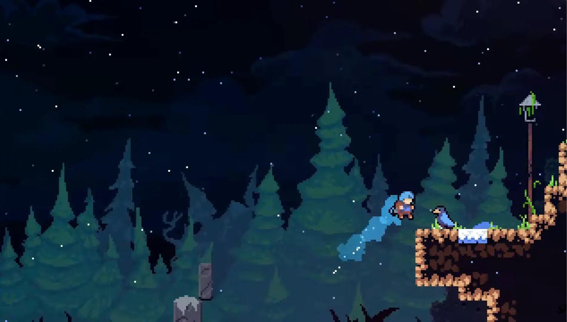 Madeline dashing through a starry, gelatinous Dream Block in Chapter 2, a trail of blue light behind her.