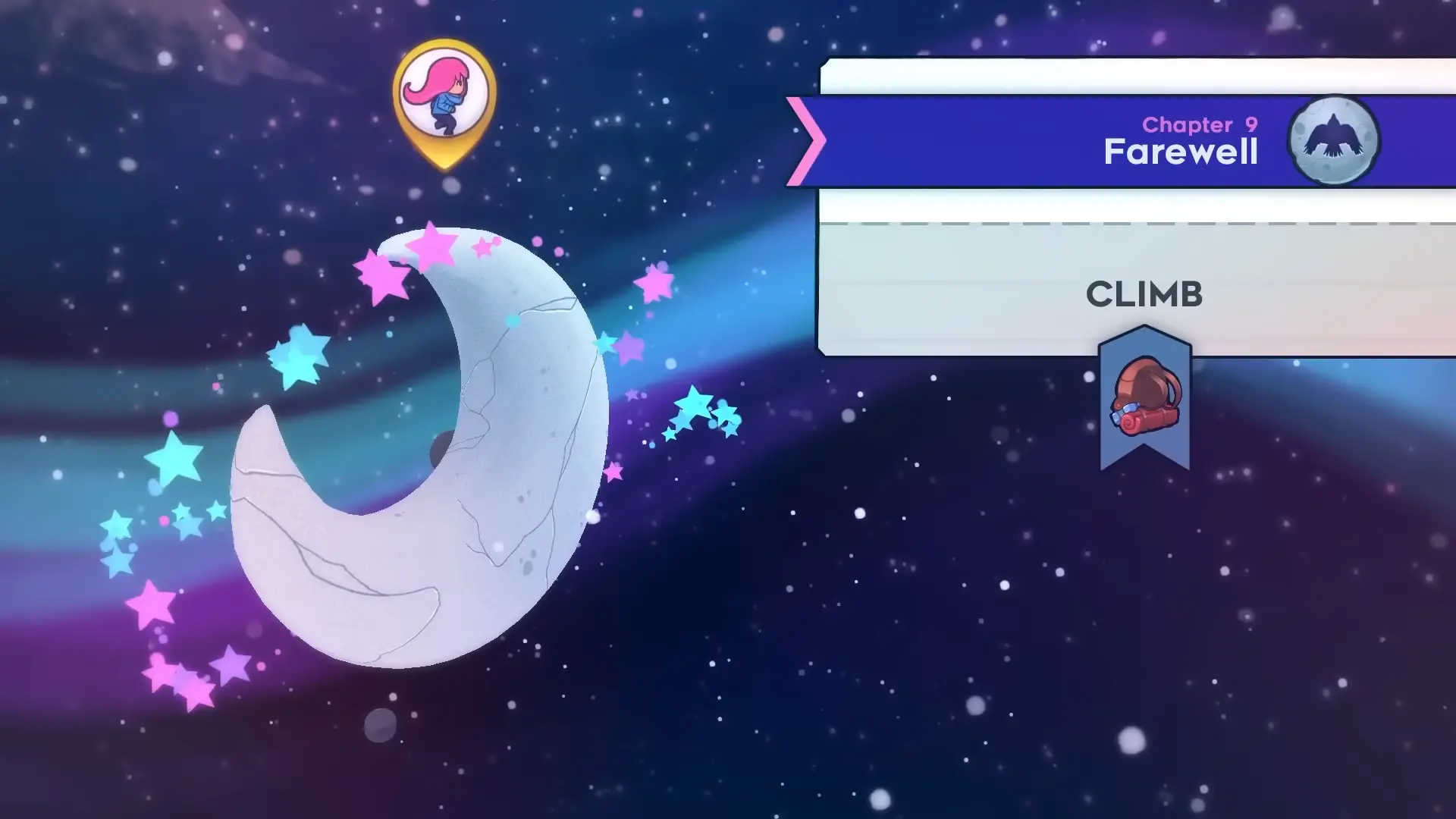 The melancholy title card for Chapter 9: Farewell, showing a bird flying through a dark, starry sky.