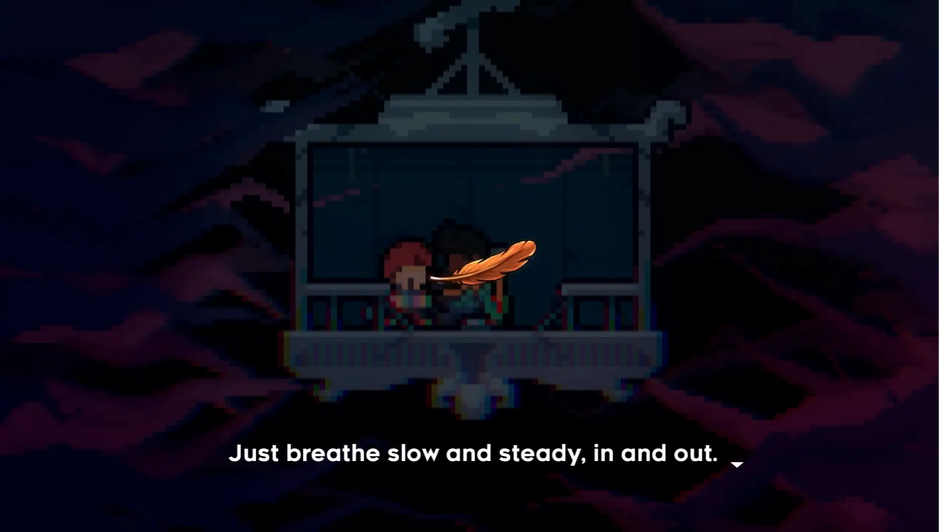 The calming golden feather on a black screen, instructing the player to match their breathing to the expanding and contracting aura.