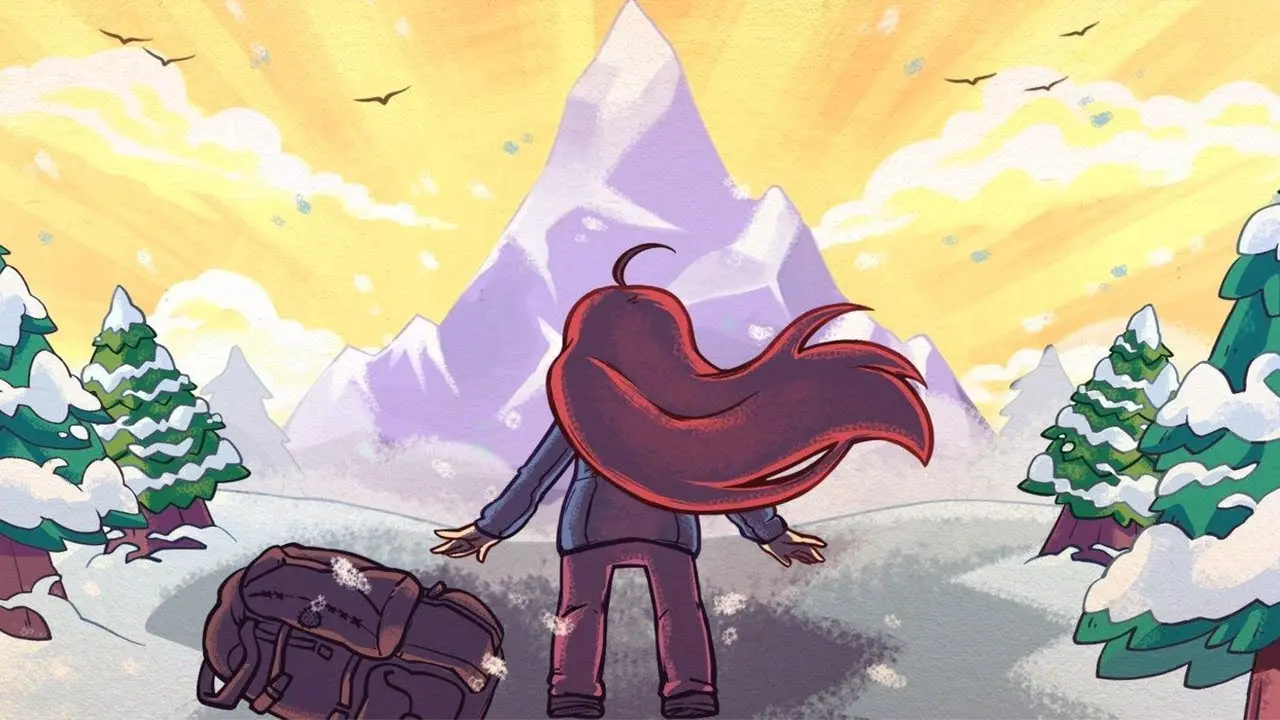 Madeline standing at the base of Mount Celeste, her red hair blowing in the wind as she looks up at the daunting peak.