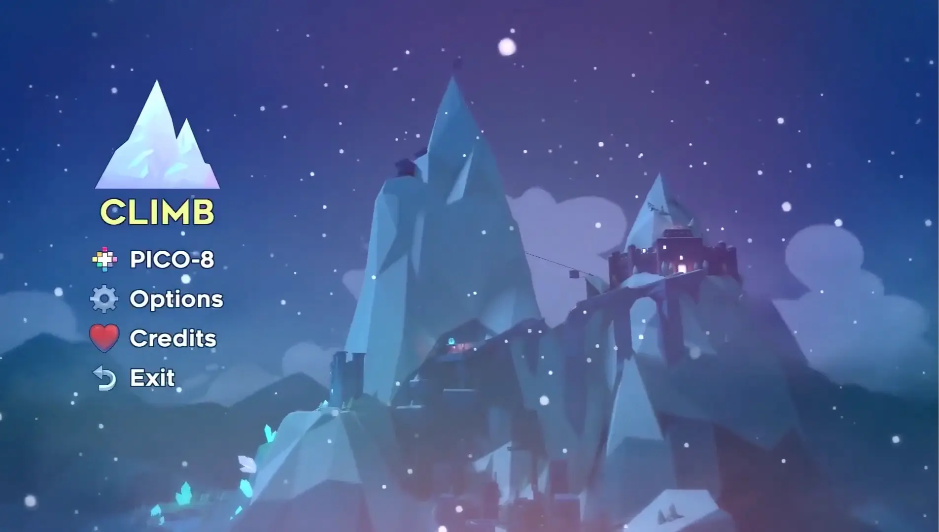 Celeste main menu screen with a view of a mountain.