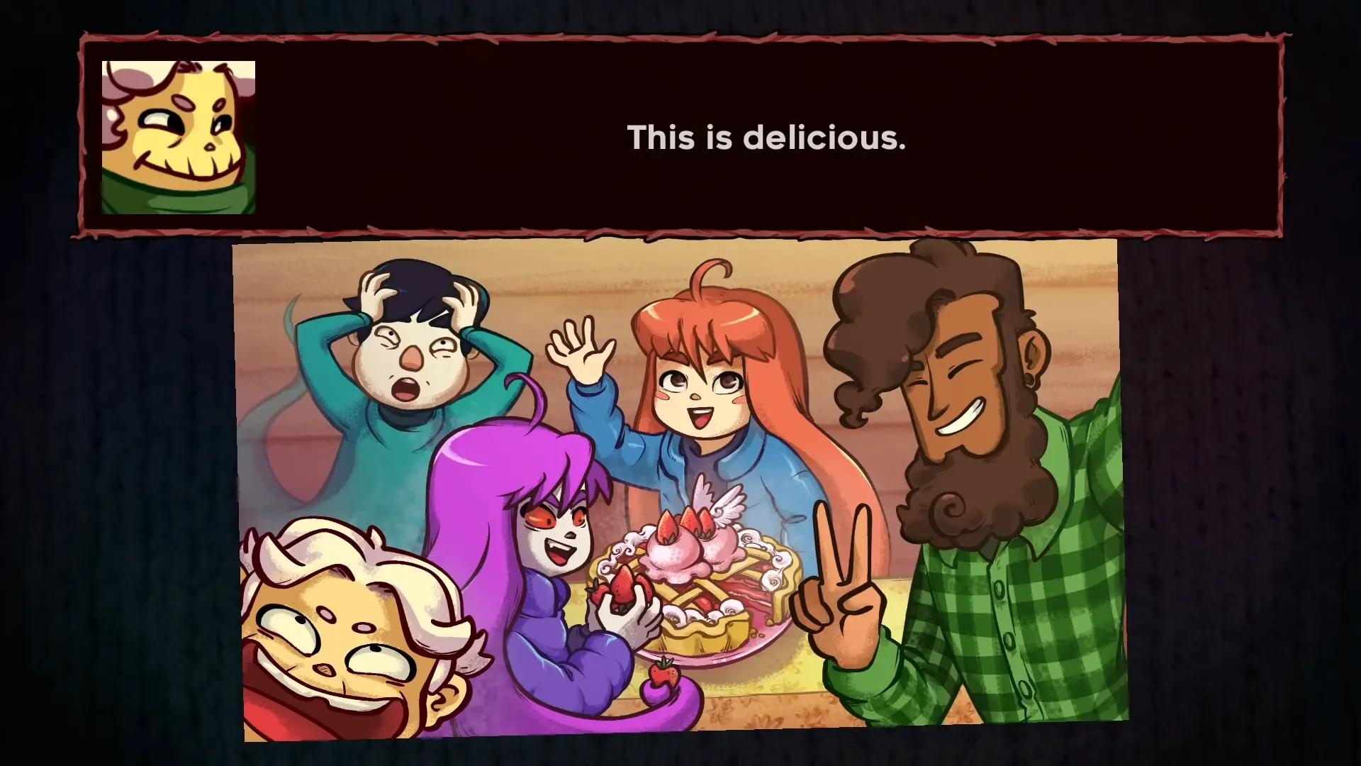 The ending screen showing a strawberry pie, the size of which depends on how many optional berries the player collected.