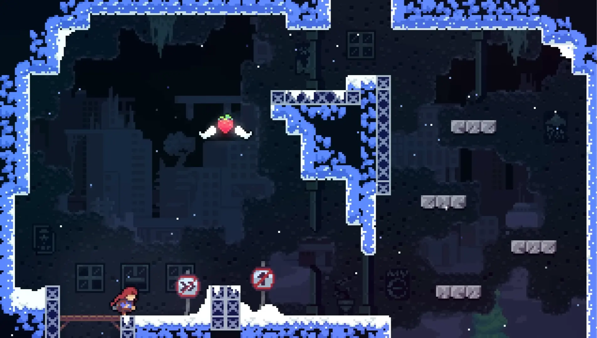 A complex room of spikes and falling platforms, with a single winged strawberry hovering tantalizingly out of immediate reach.