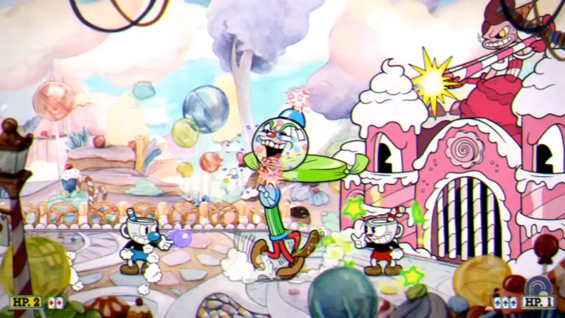 The Baroness Von Bon Bon boss fight, showcasing the incredible pastel watercolor backgrounds of the Sugarland Shimmy stage.