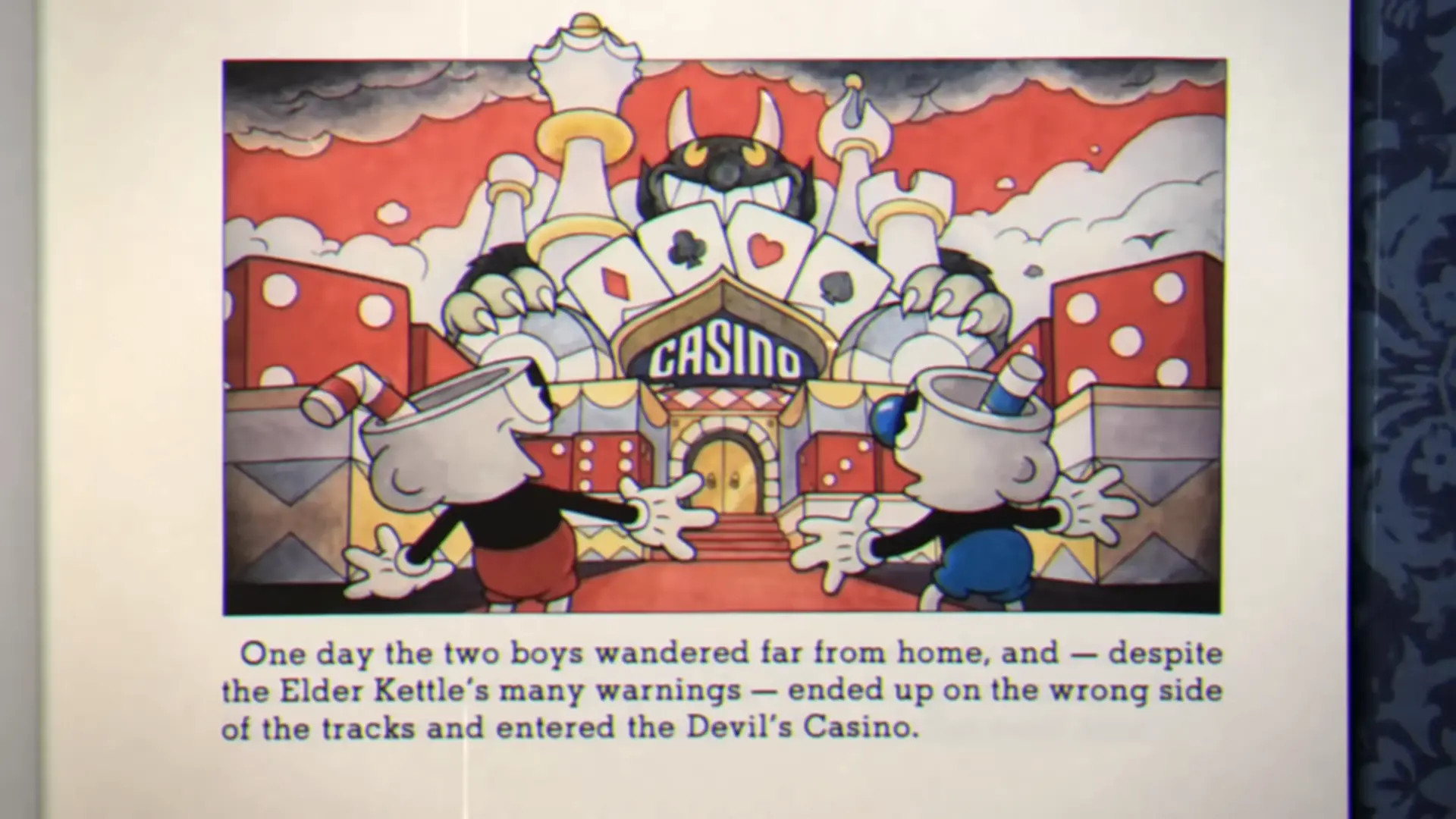 Cuphead and Mugman looking terrified at a craps table, while a massive, grinning Devil looms over them in the smoky casino.