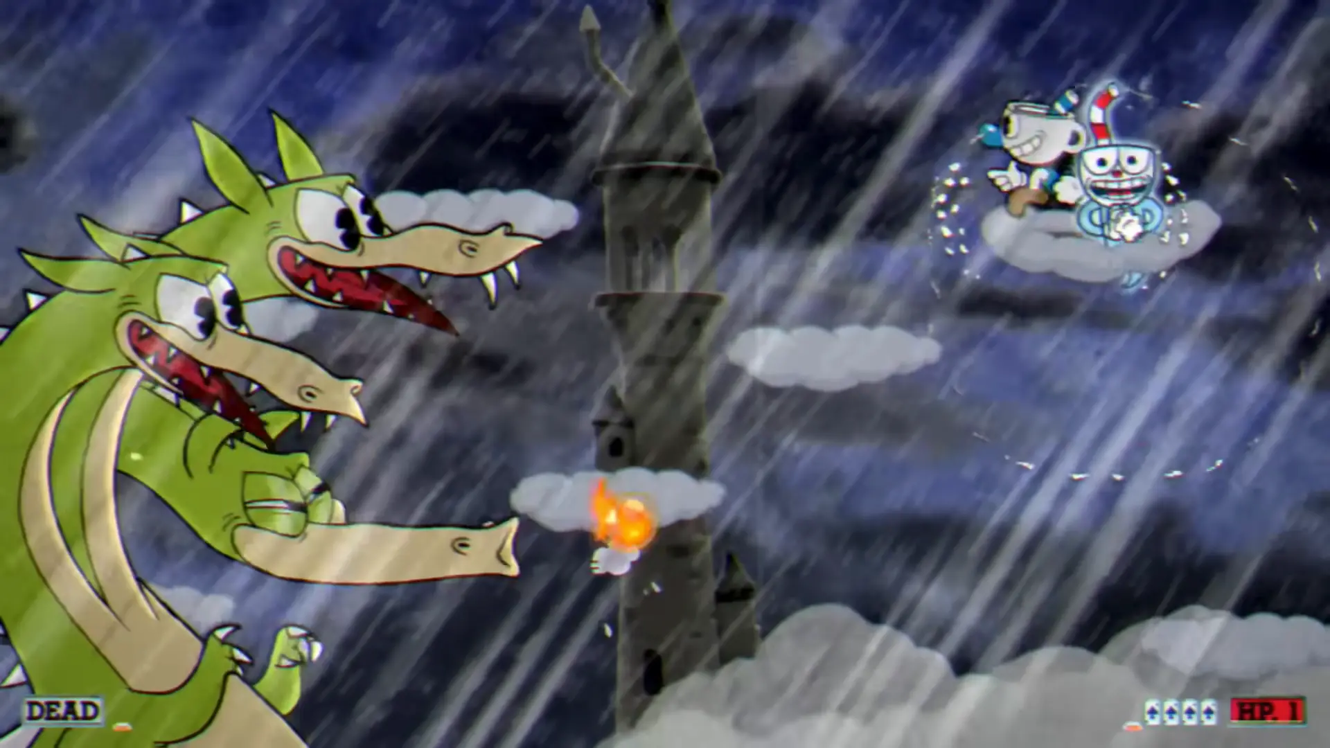 Mugman frantically parrying Cuphead's rising ghost in a desperate attempt to revive him during a co-op session.
