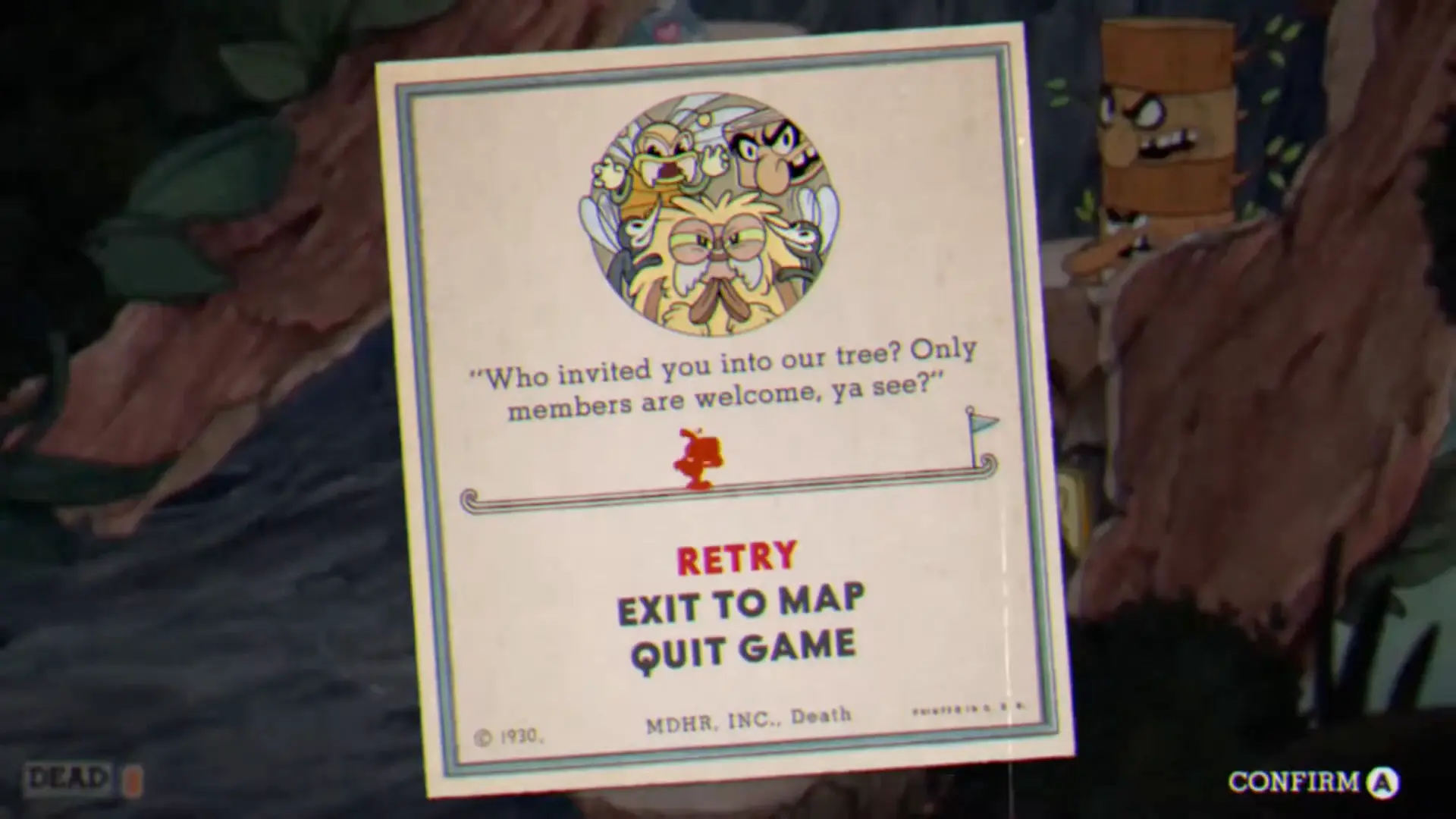 The iconic death screen showing Cuphead's progress bar indicating he died right before the final boss phase.