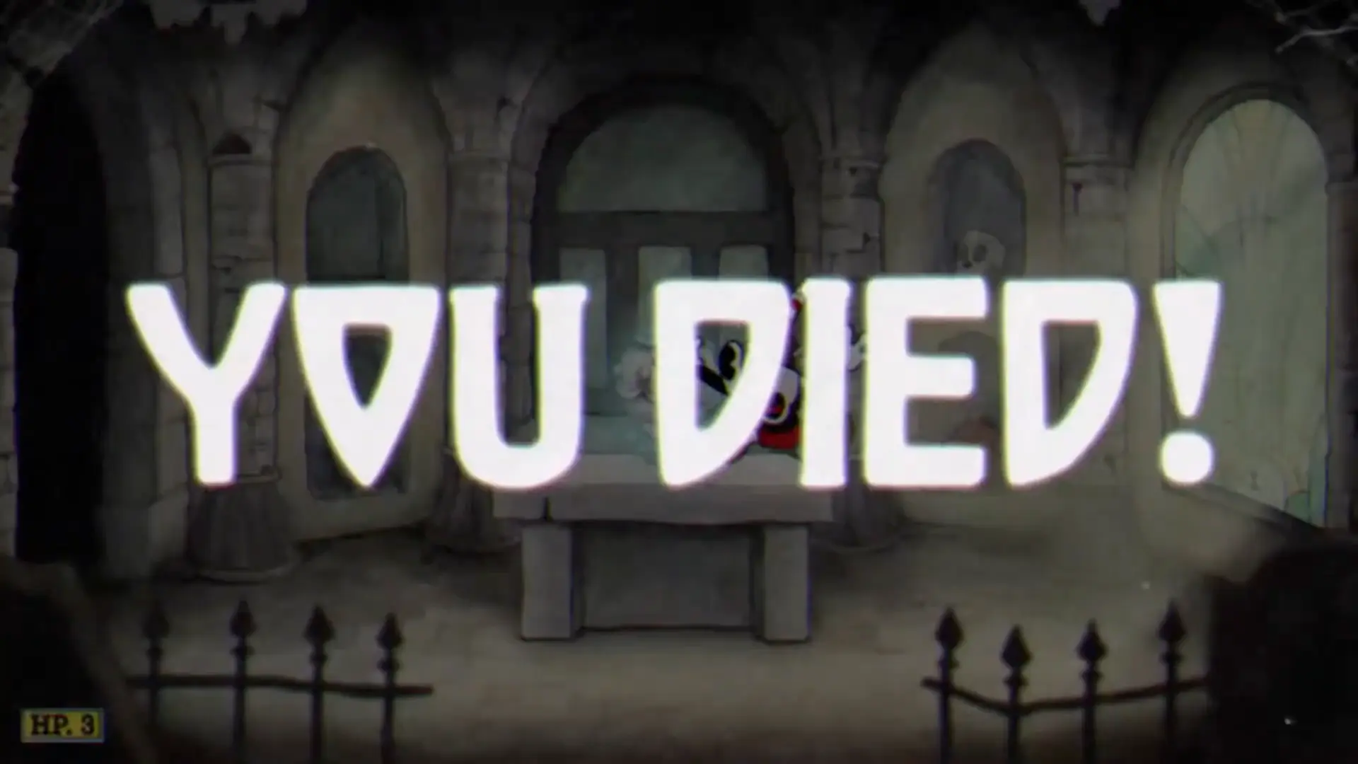 The iconic death screen showing Cuphead's ghost floating away with the word 'you died'