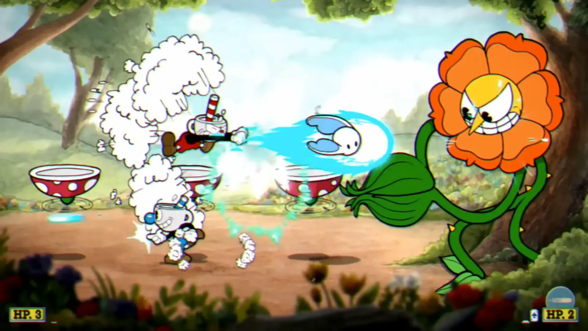 Cuphead dodging seeds and vines during the 'Floral Fury' boss fight against Cagney Carnation, whose face is contorted in a sinister, maniacal grin.
