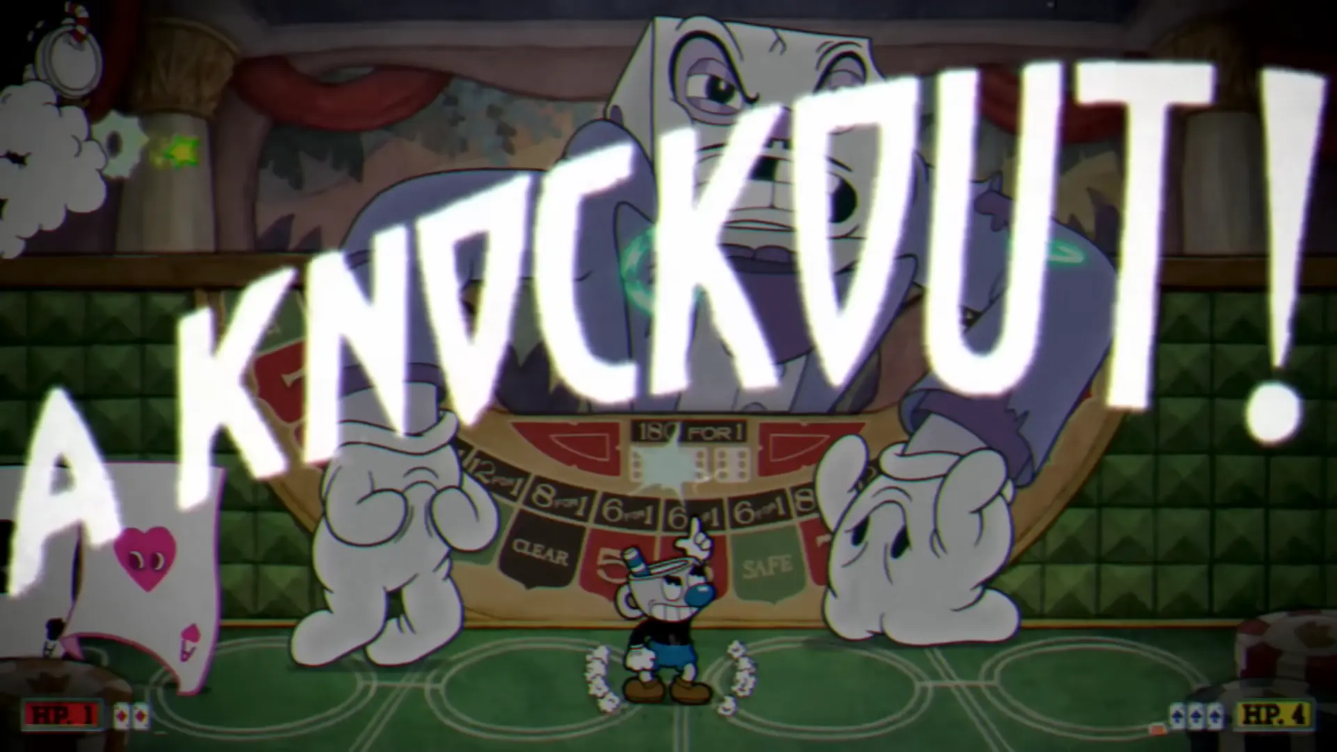 The massive, yellow 'A KNOCKOUT!' text bursting across the screen as a boss is finally defeated.