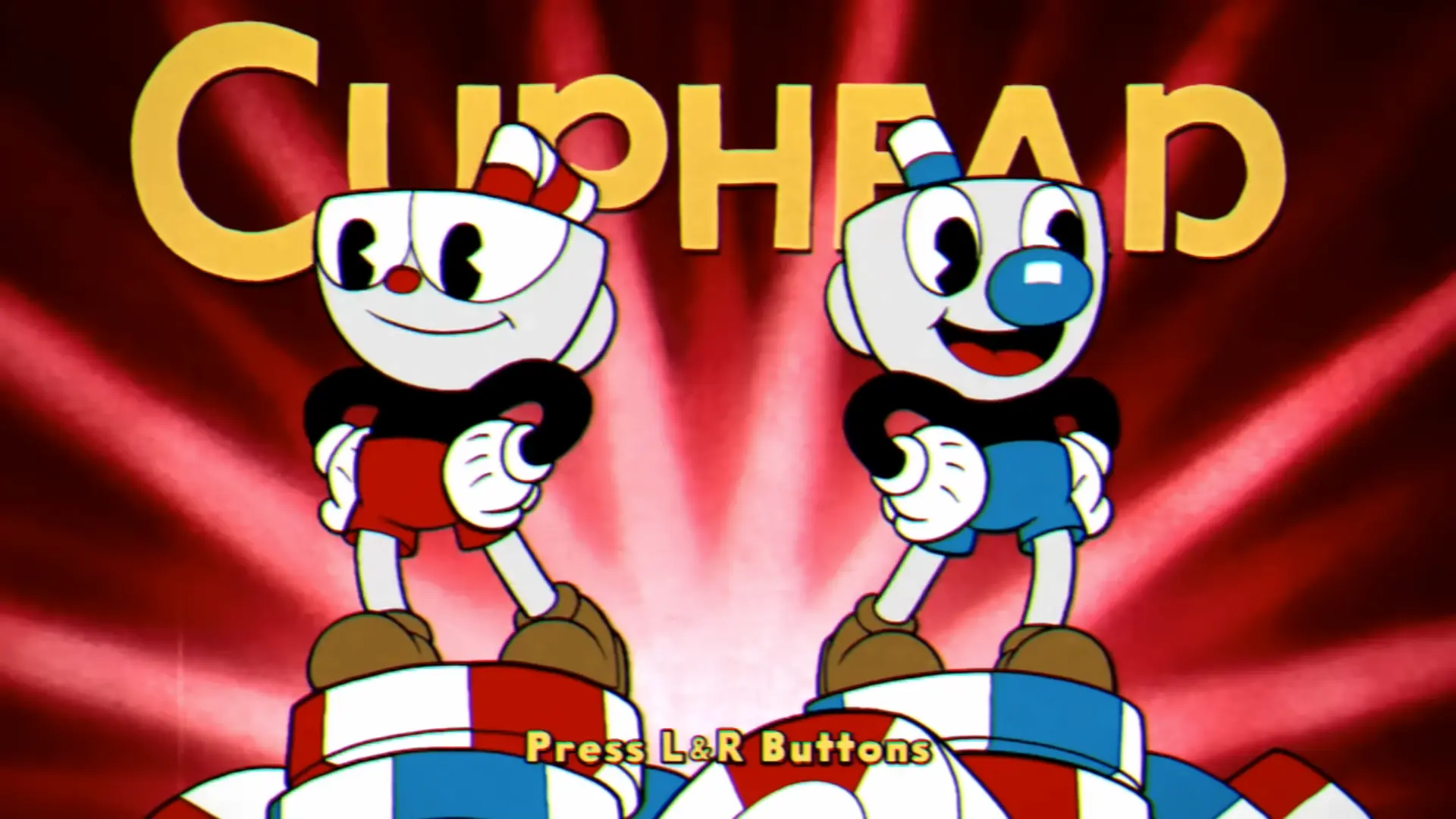 The title screen of Cuphead, featuring Cuphead and Mugman bobbing to a barbershop quartet tune against a vintage film-grain background.