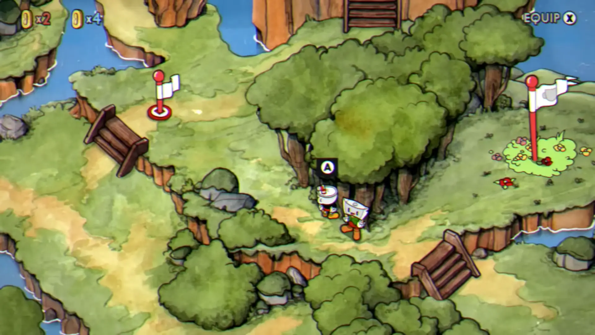 The vibrant, watercolor-painted overworld map of Inkwell Isle, dotted with bizarre characters and looming boss arenas.