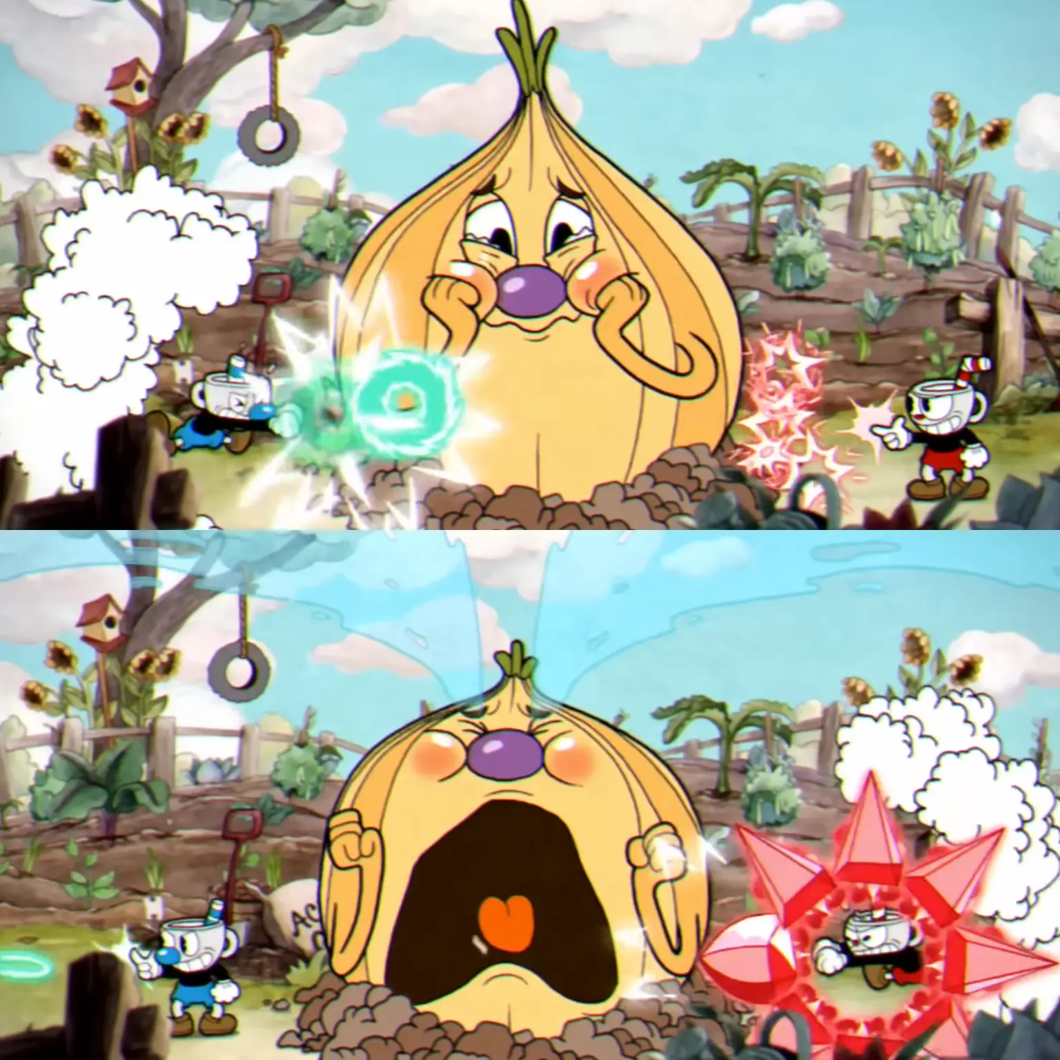 Cuphead performing a glowing pink parry slap off a projectile to build up his super meter.