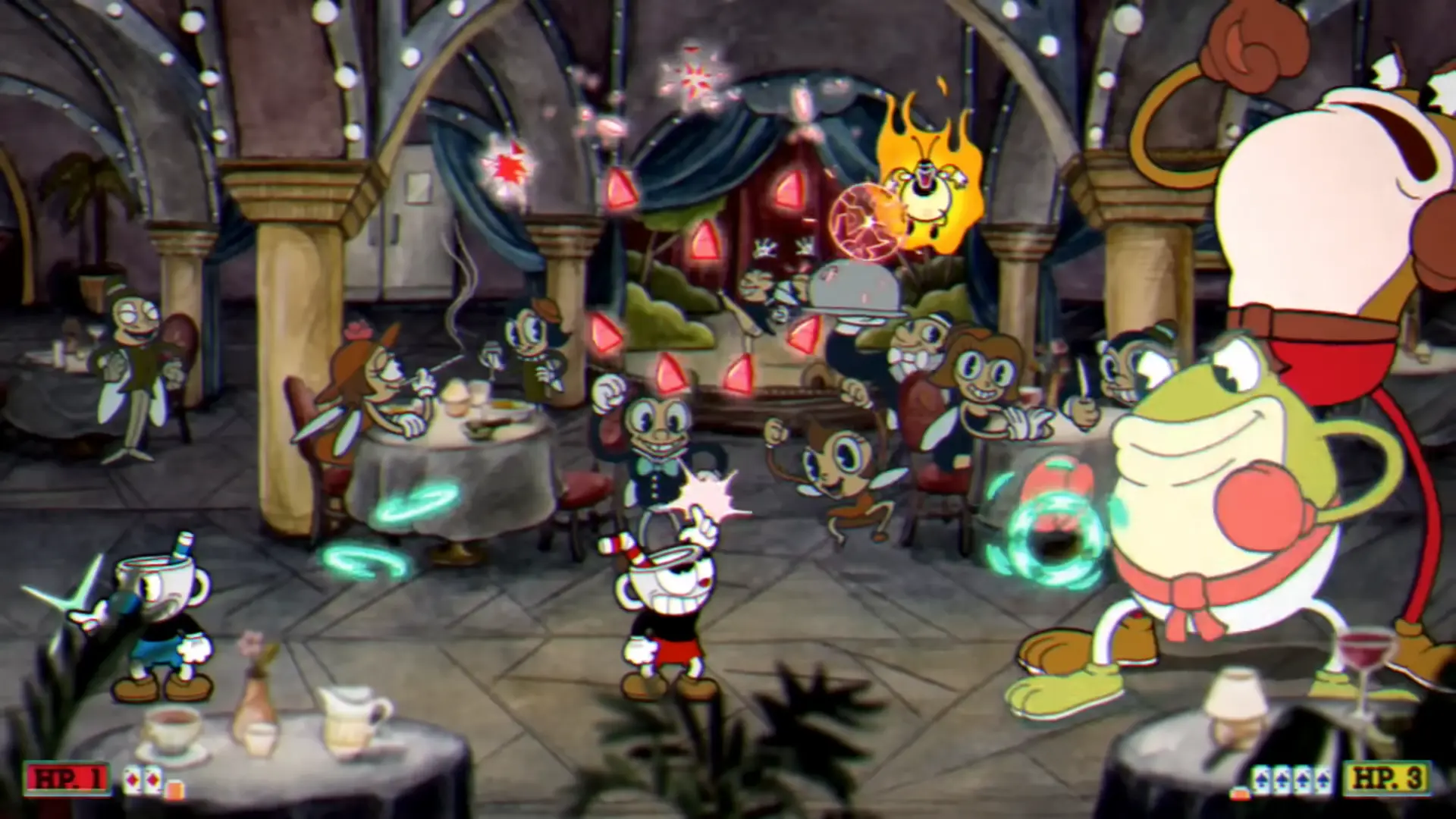 A frantic moment in the Ribby and Croaks fight, showing a screen filled with flaming boxing gloves and bouncing projectiles.