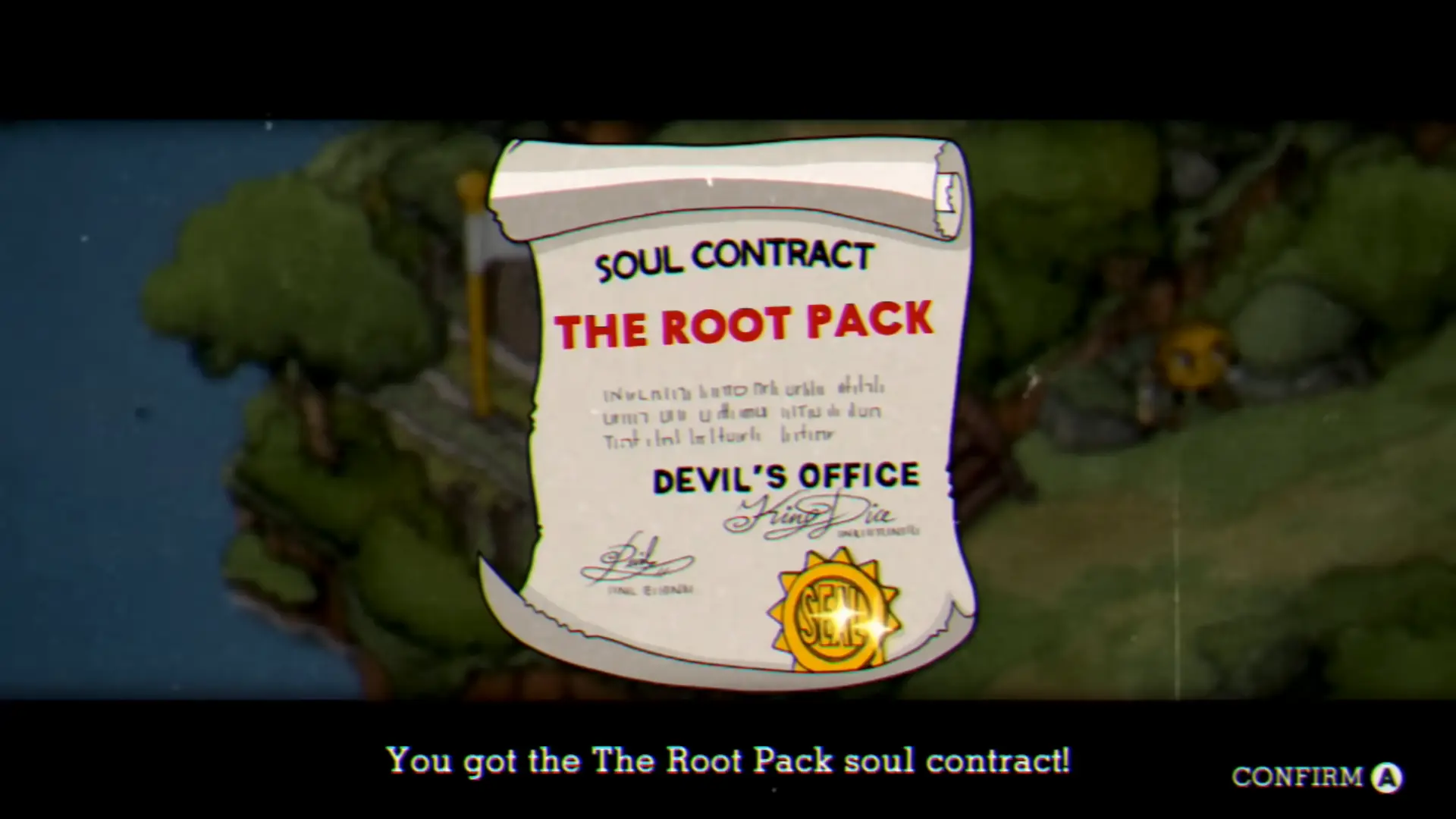Cuphead holding a glowing, parchment soul contract, stolen from a defeated debtor.