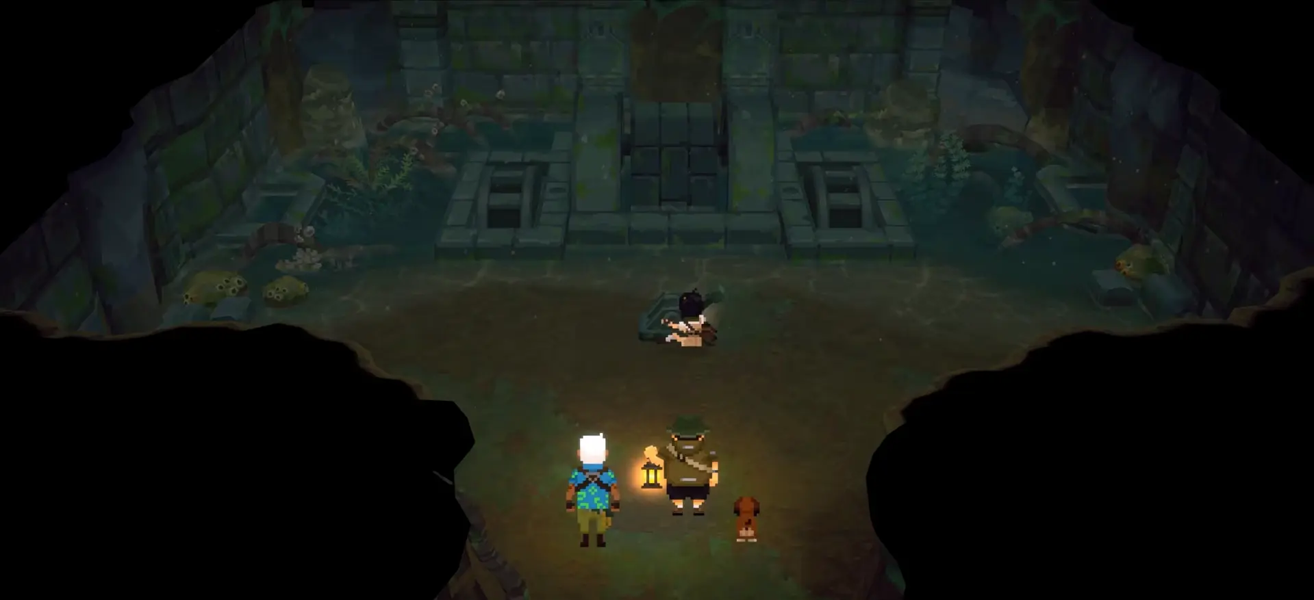 The camera panning across dark, moss-covered stone ruins hidden at the bottom of the Utara lake.