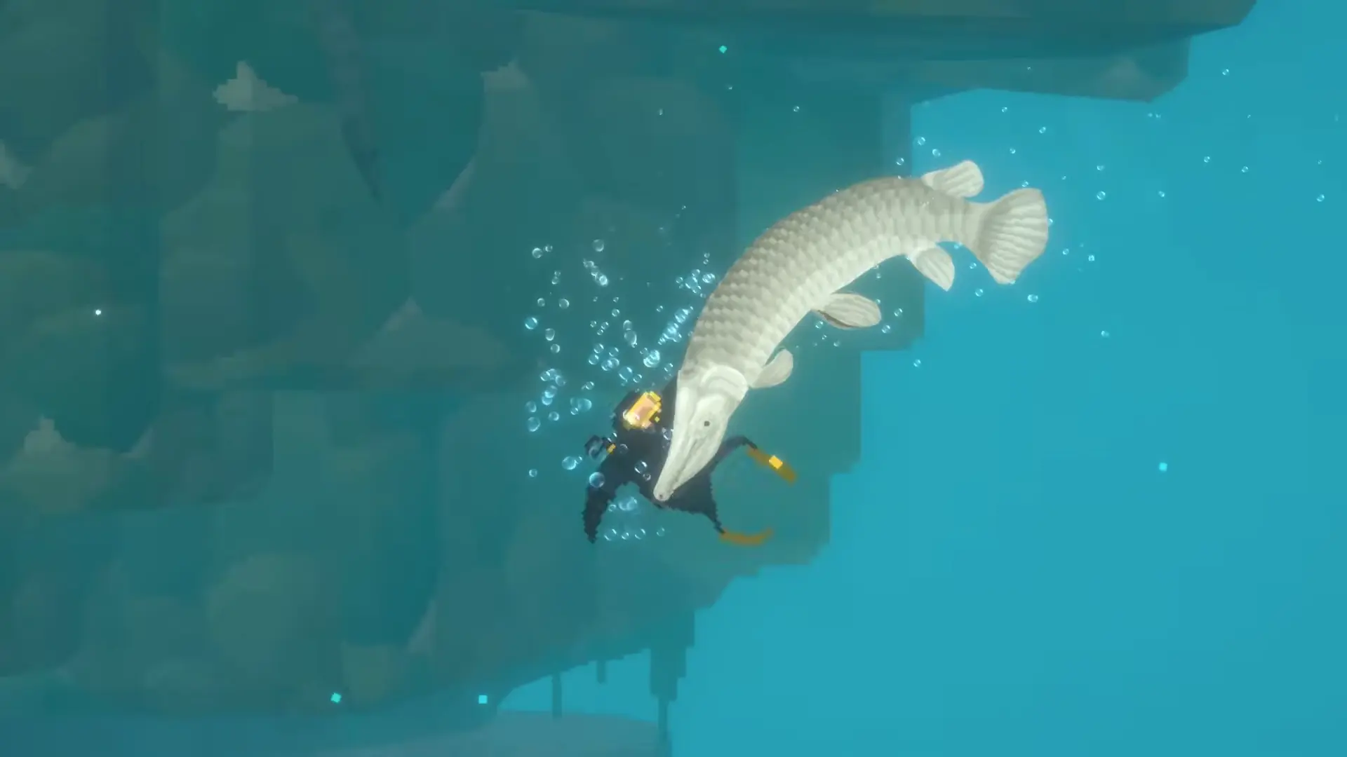 A tense action shot from the trailer showing a massive crocodile lunging at Dave through the murky water.