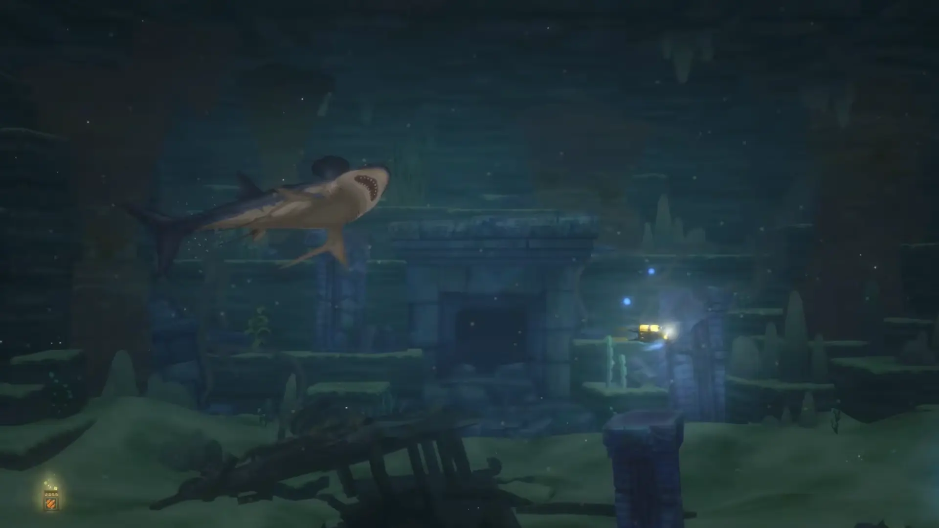A shot from the official trailer showing Dave swimming in dense, murky green freshwater, representing the shift from the clear Blue Hole to the jungle depths.