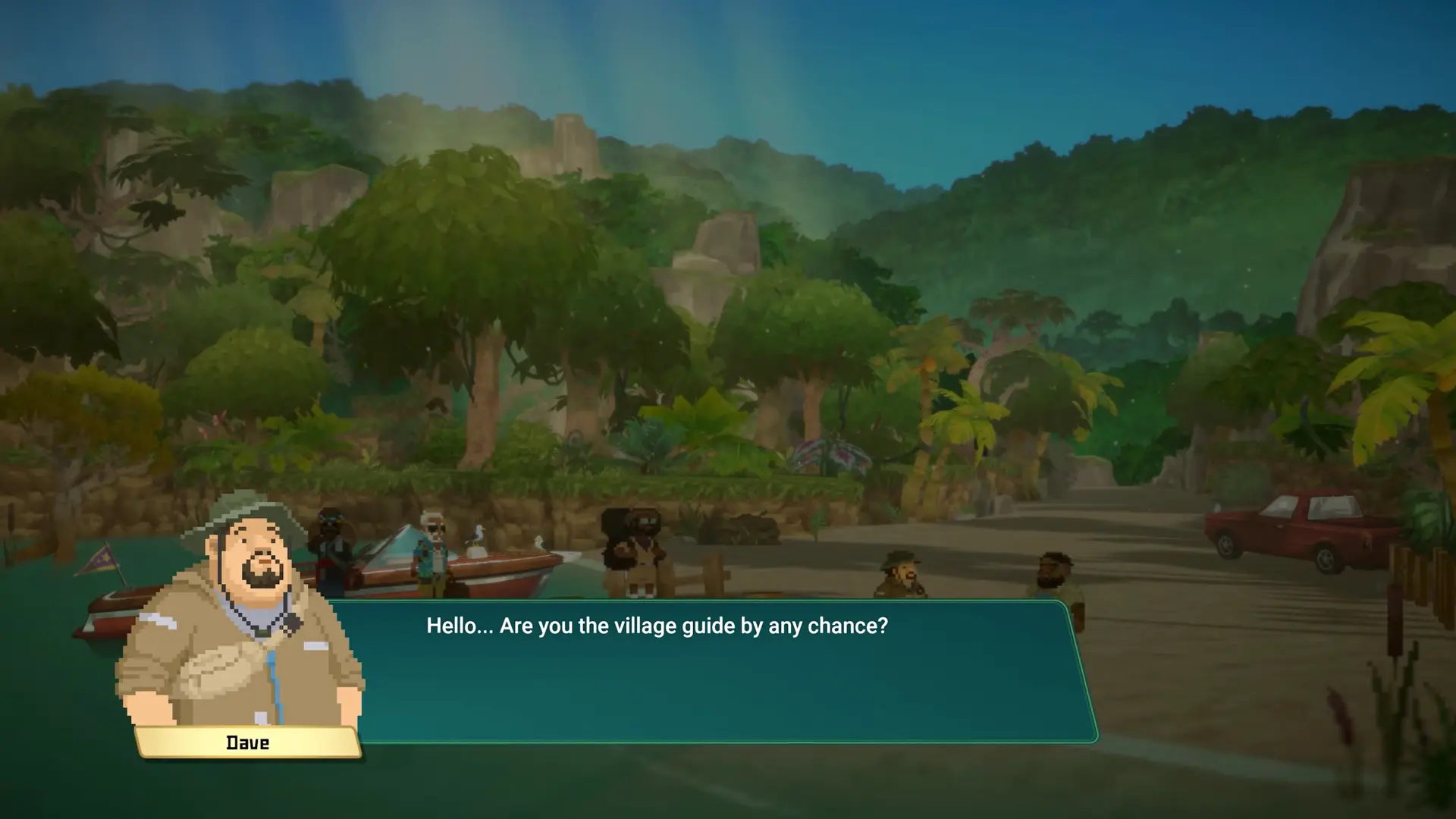 Dave meeting the new NPCs in the jungle village of Utara, looking visibly out of place in his diving gear.