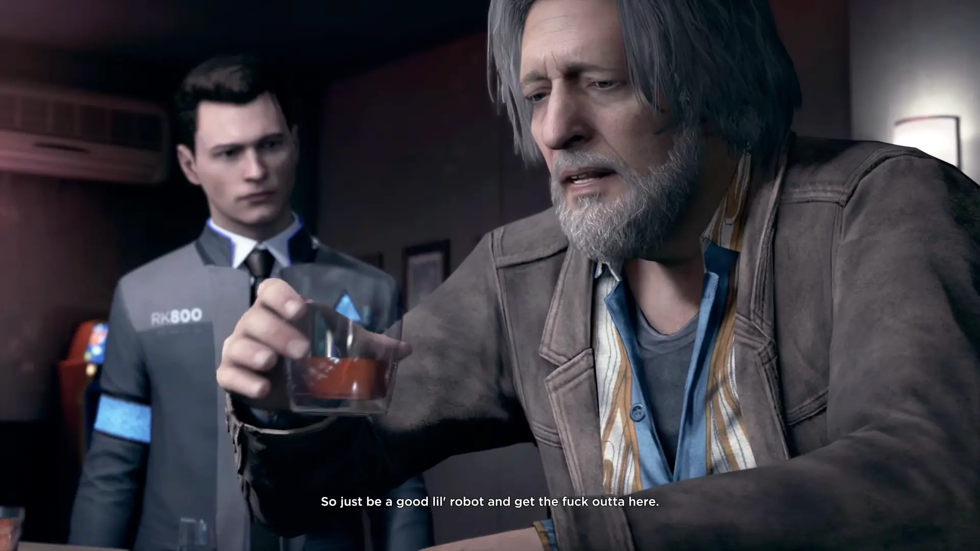 Connor interrogating a very annoyed, drunken Hank Anderson in a neon-lit Detroit dive bar.