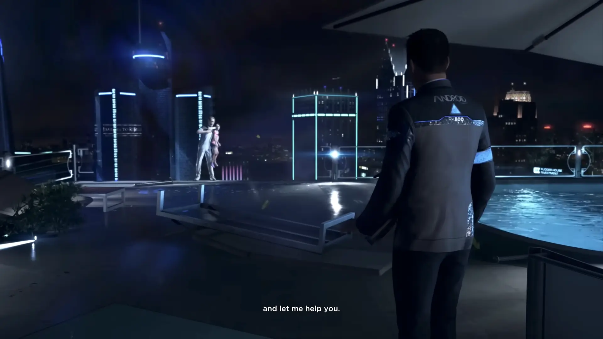 Connor standing on the edge of a skyscraper balcony, negotiating with a deviant android holding a hostage at gunpoint.