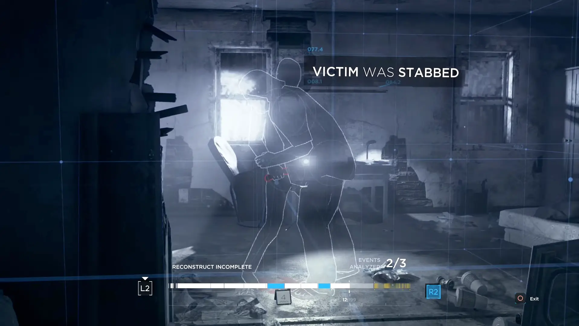 Connor using his HUD 'Mind Palace' to digitally reconstruct a violent crime scene inside a destroyed apartment.
