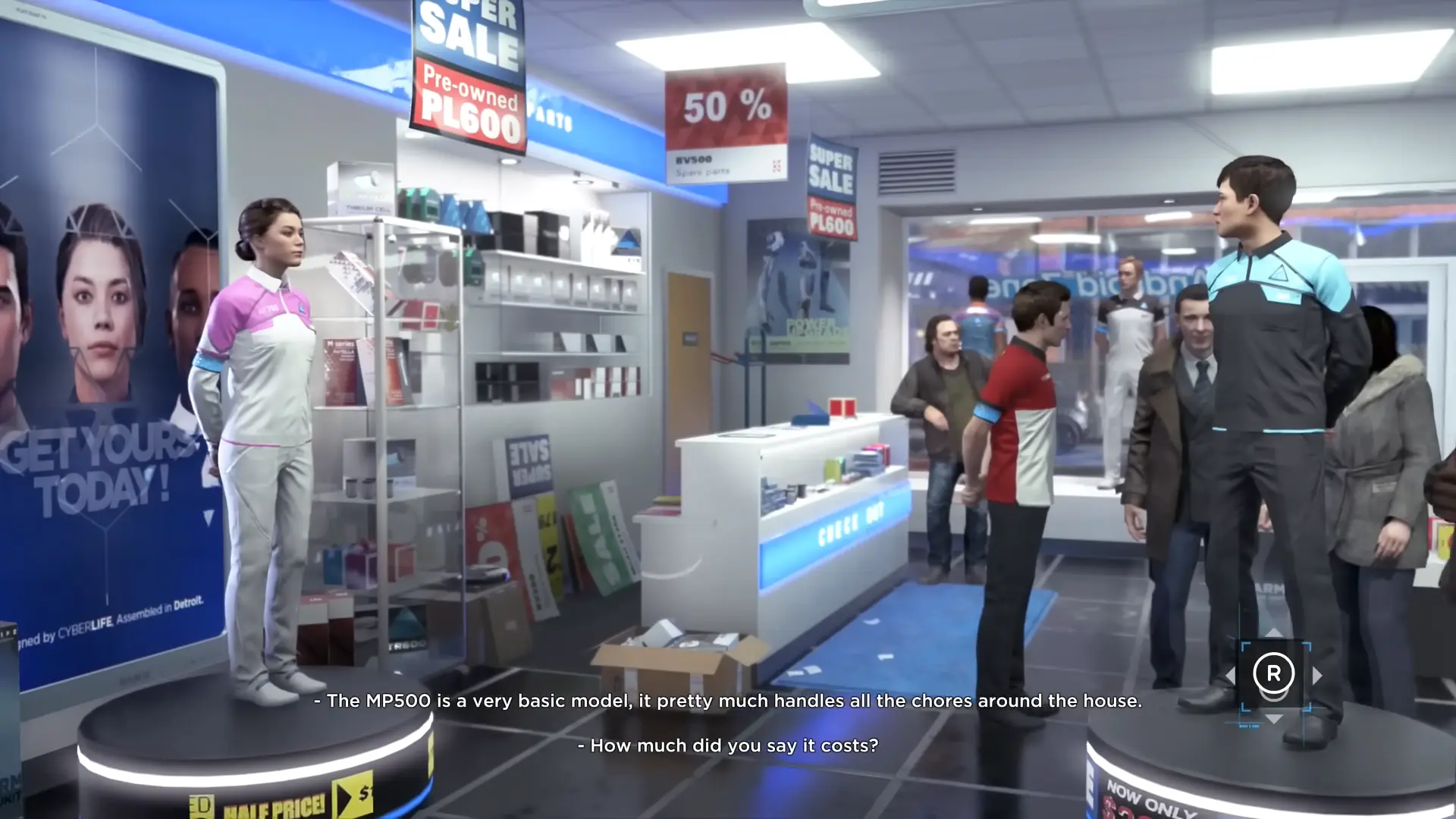 A pristine, unsettling CyberLife storefront displaying rows of identical androids for sale like appliances.