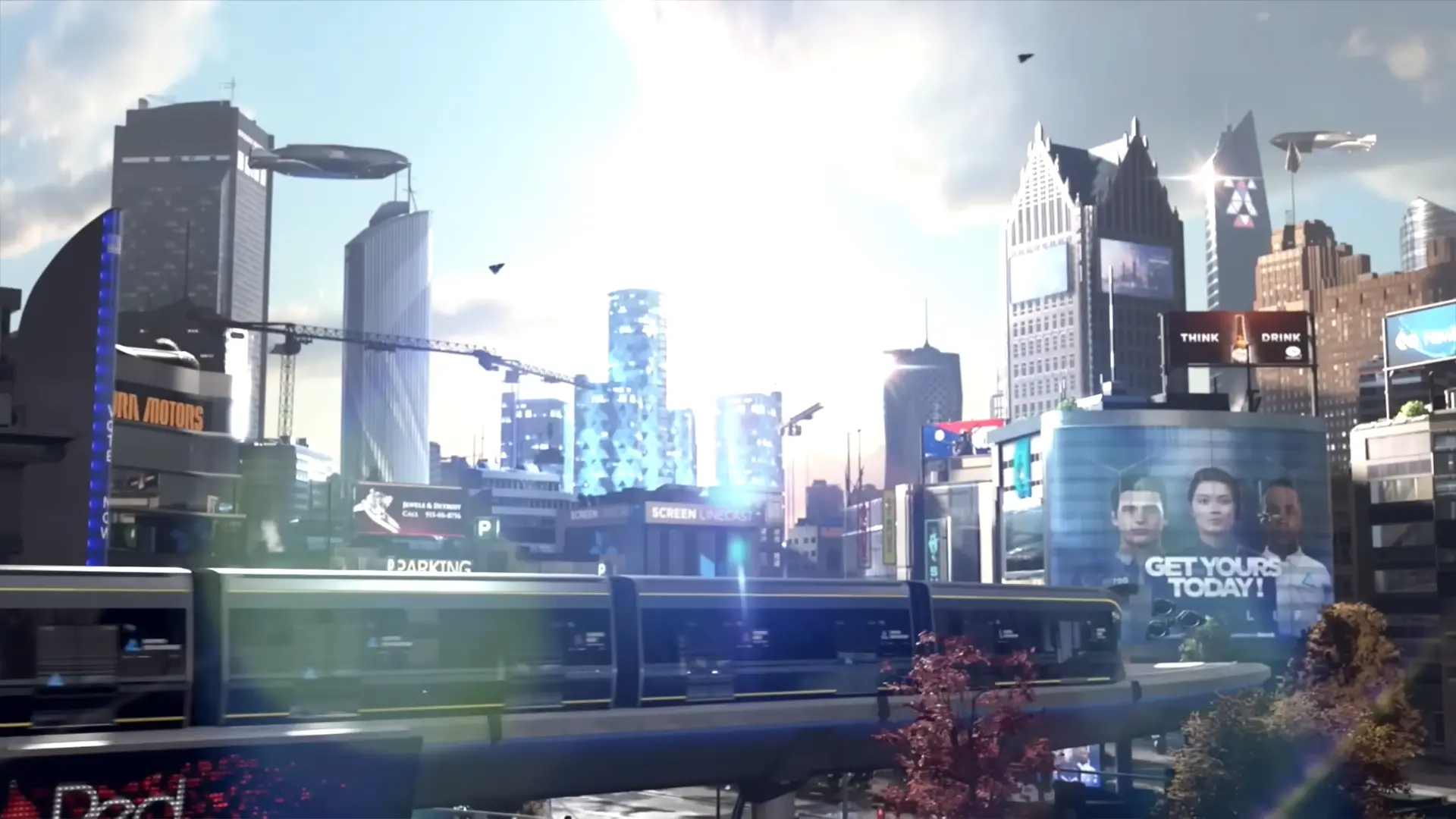 A wide, stunning shot of futuristic Detroit in 2038, showing sleek skyscrapers and neon signs cutting through the rain.