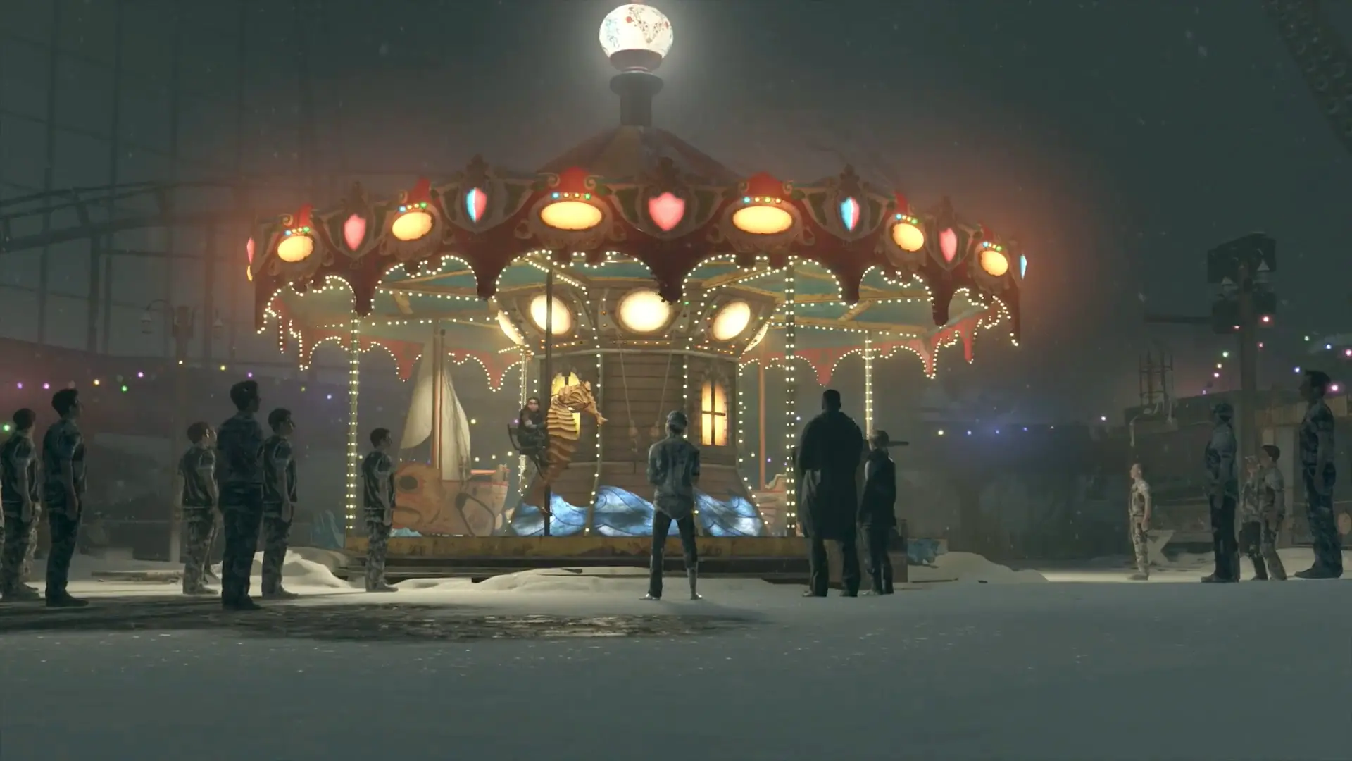 Kara and Alice standing in the eerie, snow-covered ruins of an abandoned Pirate-themed amusement park.