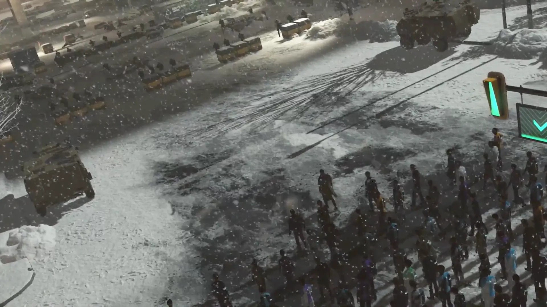 Markus and his android followers standing resiliently behind a makeshift barricade, facing down heavily armed riot police.