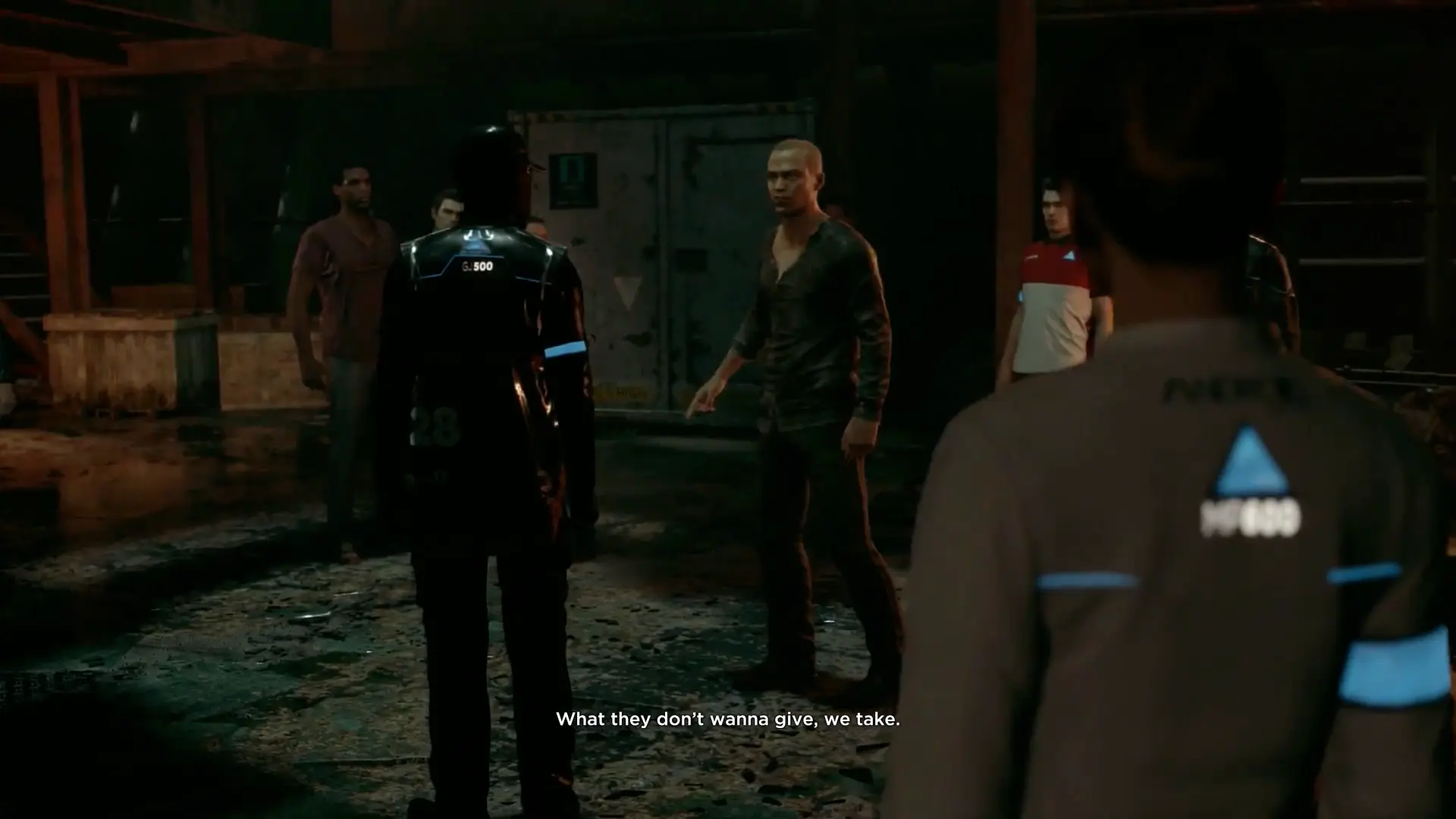 Markus standing in front of a massive crowd of awakened androids, delivering a passionate revolutionary speech.