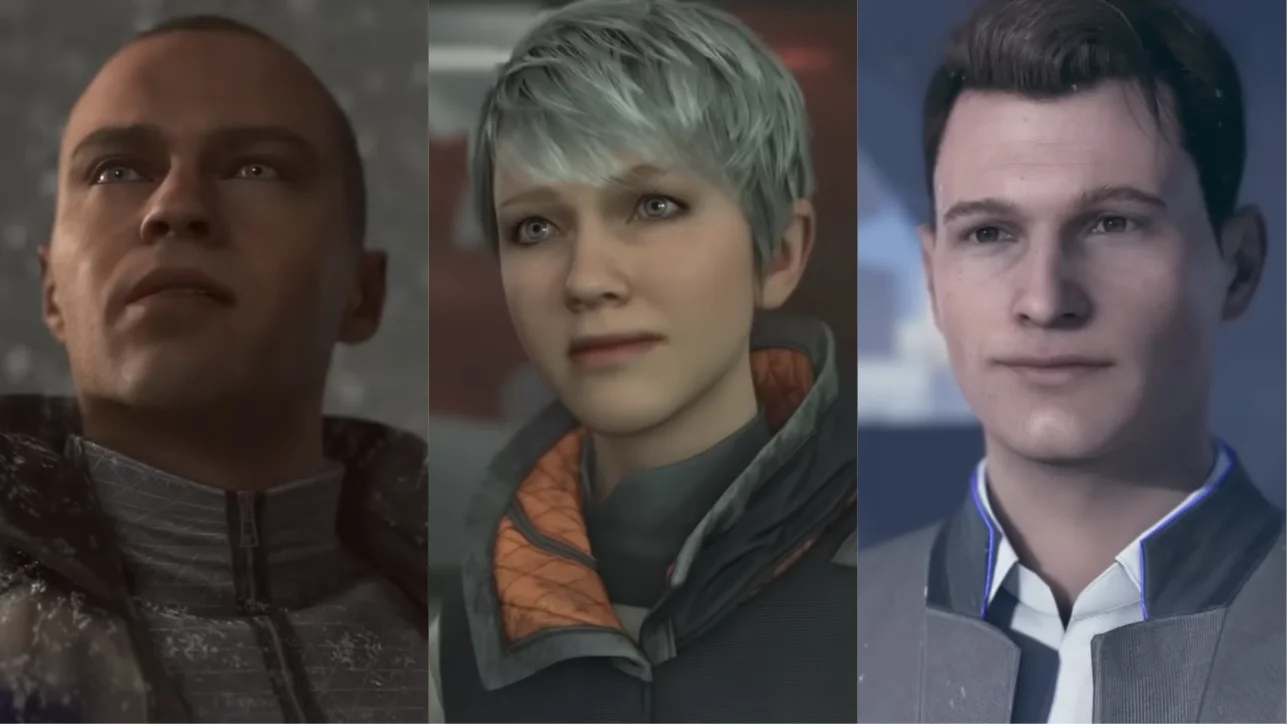 A dramatic split-screen rendering showing the faces of Connor, Kara, and Markus looking toward the future.