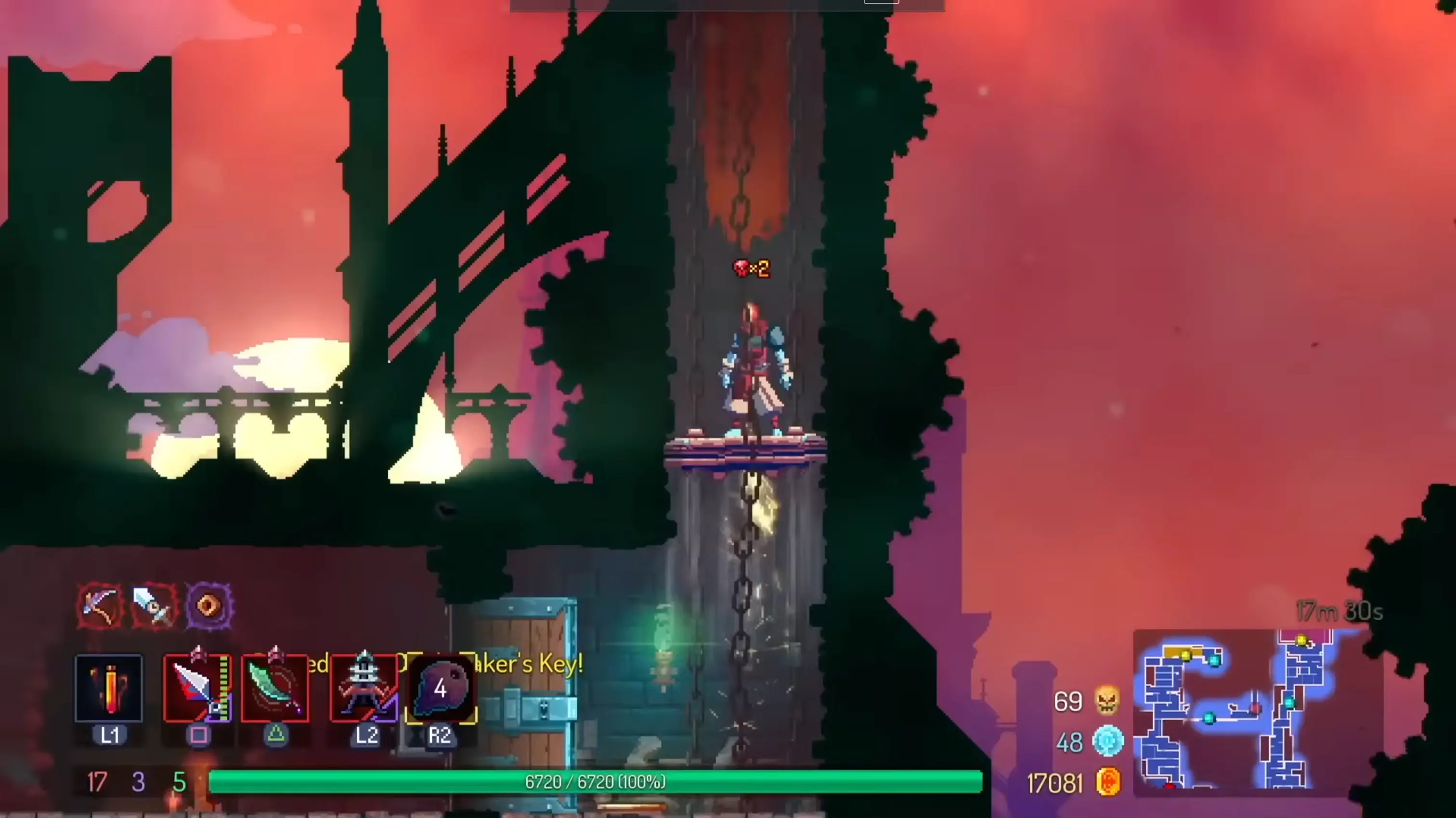 The Beheaded scaling the vertical, gear-filled labyrinth of the Clock Tower biome with a glowing katana.
