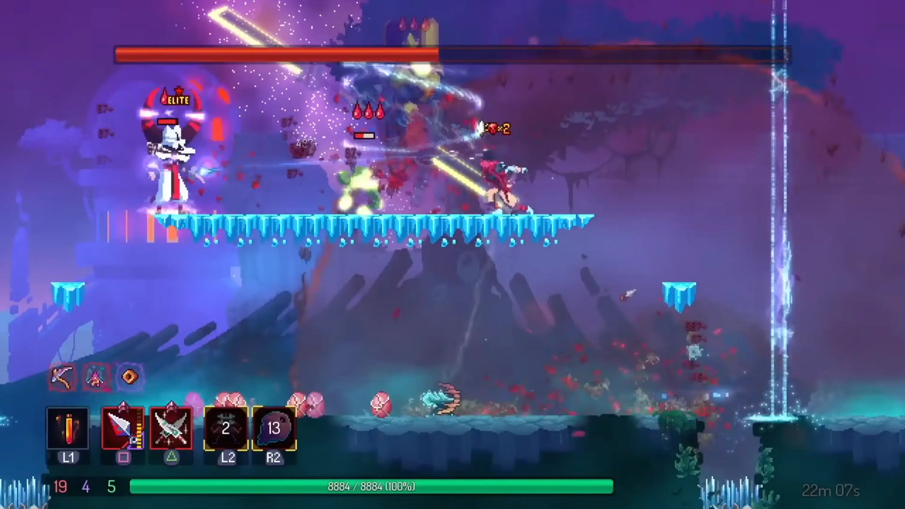 The Beheaded fighting a group of mutated enemies, surrounded by purple tactical turrets and elemental fire effects.