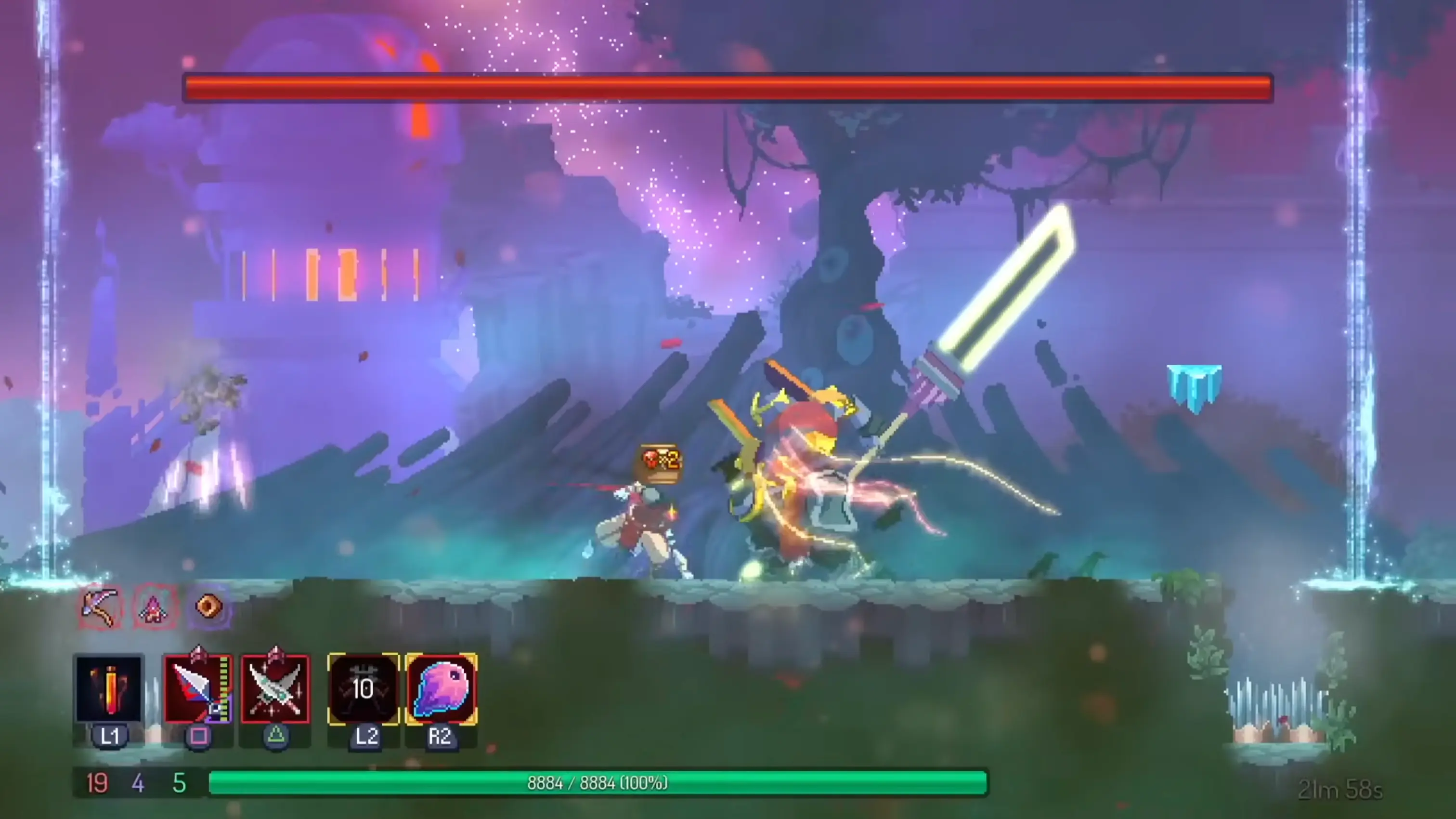 The intense, screen-filling boss fight against the massive Hand of the King, dodging a lethal lance sweep.